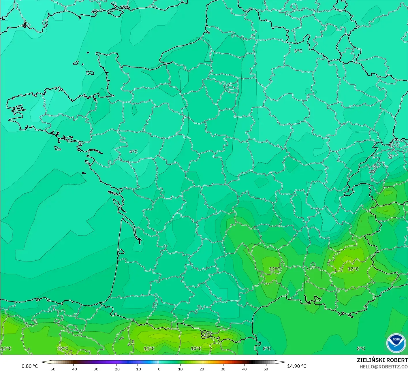 GFS نموذج - فرنسا, درجة الحرارة 850 hPa