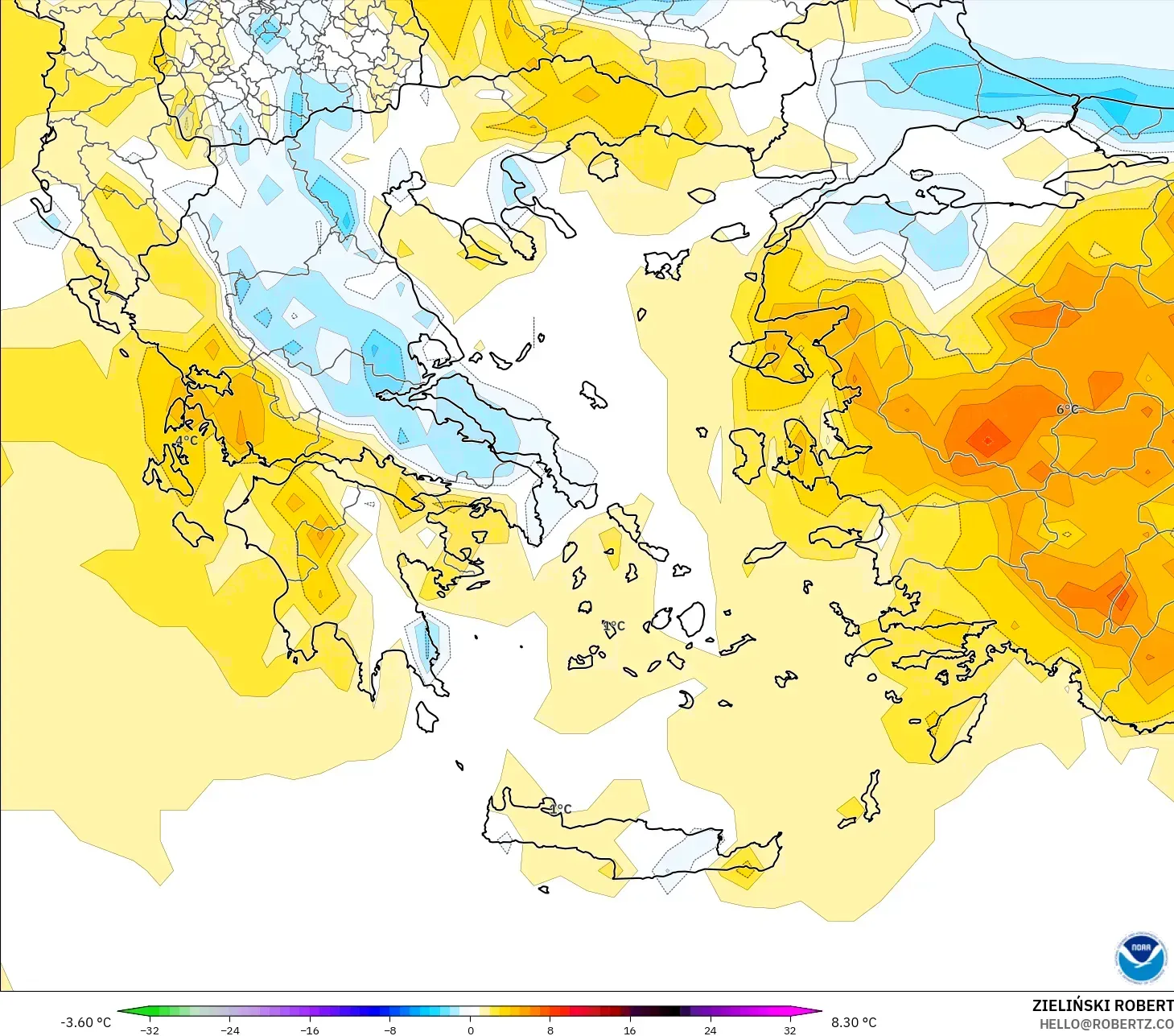 GFS نموذج - اليونان, انحراف درجة الحرارة 2 م