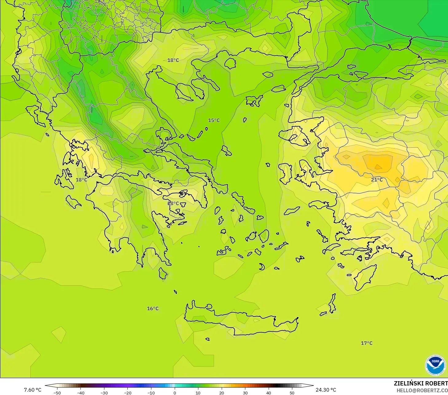 GFS نموذج - اليونان, درجة الحرارة على ارتفاع 2 م