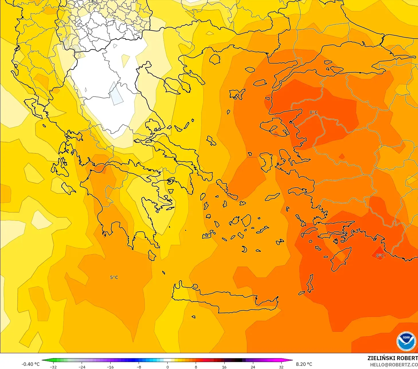 GFS نموذج - اليونان, انحراف درجة الحرارة 850 hPa