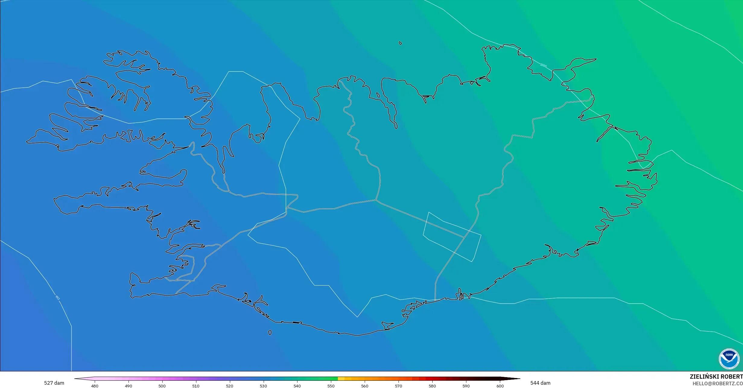 GFS model - Iceland, Geopotential height at 500hPa