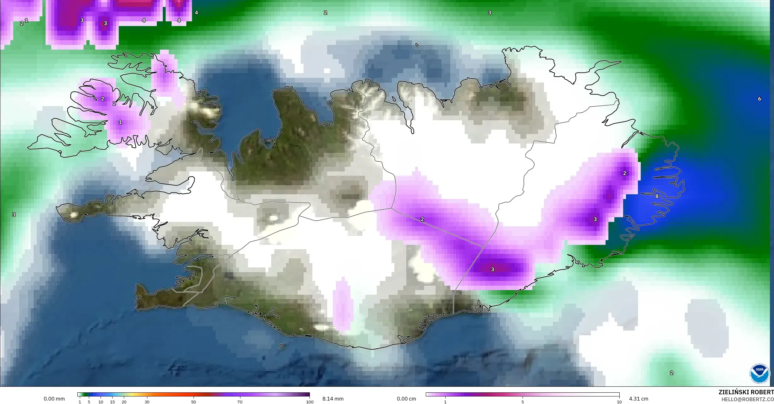 GFS نموذج - آيسلندا, الهطول والغيوم والضغط