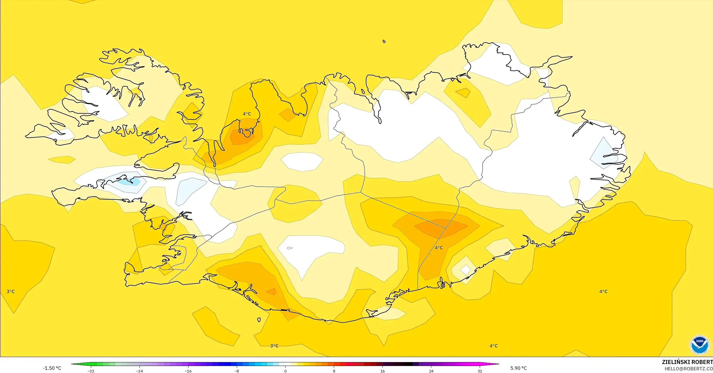 GFS نموذج - آيسلندا, انحراف درجة الحرارة 2 م