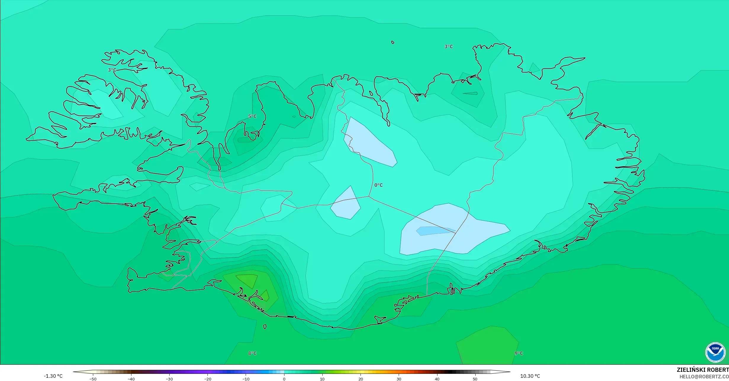 GFS نموذج - آيسلندا, درجة الحرارة على ارتفاع 2 م