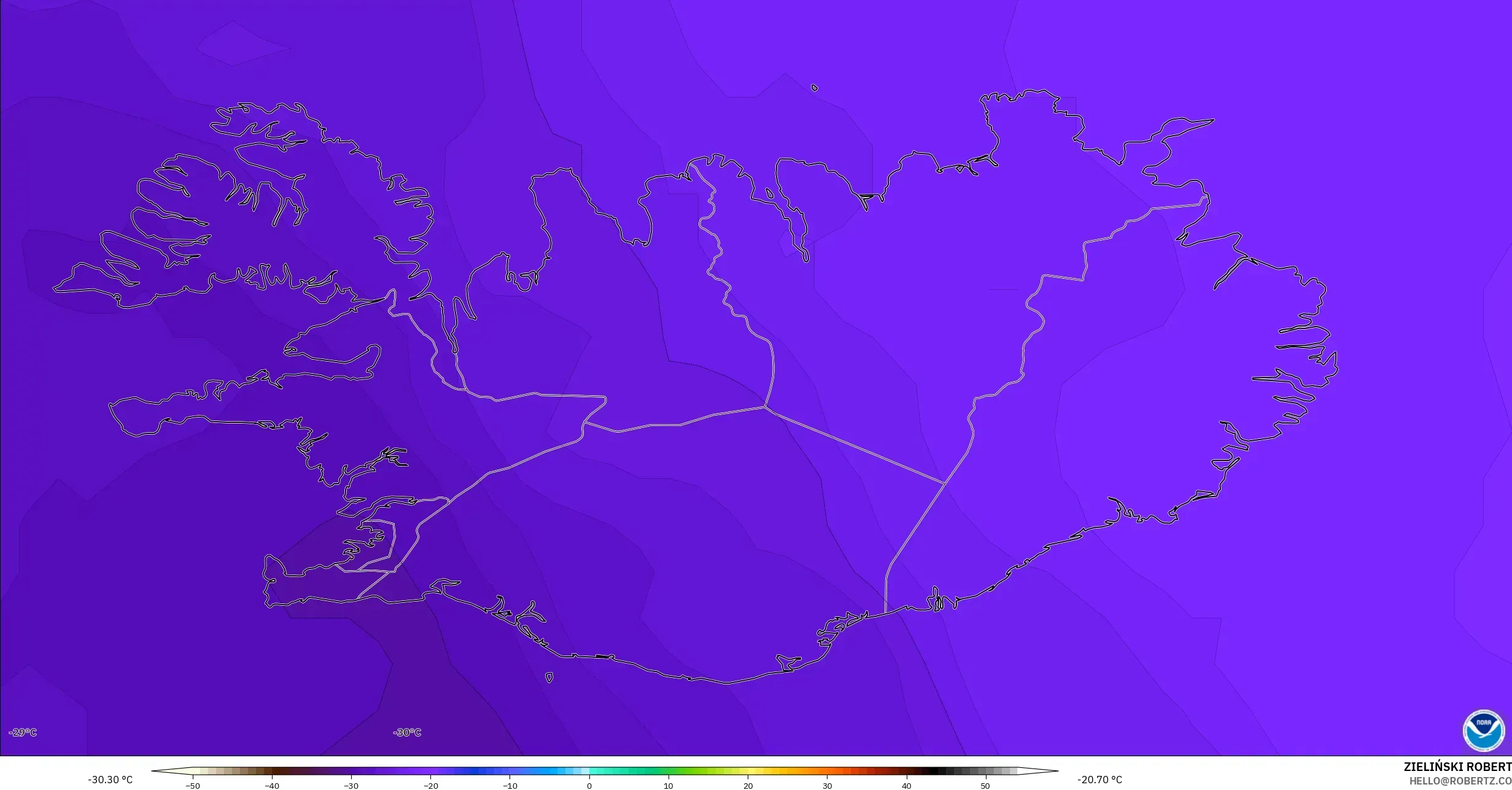 GFS نموذج - آيسلندا, درجة الحرارة 500 hPa