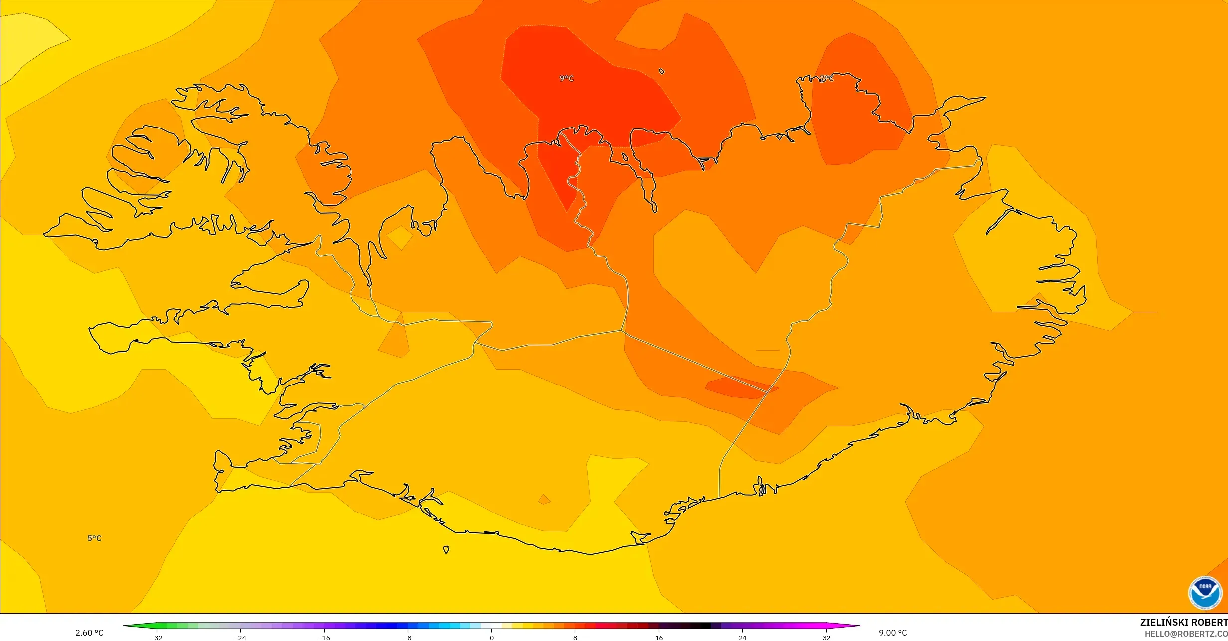 GFS نموذج - آيسلندا, انحراف درجة الحرارة 850 hPa