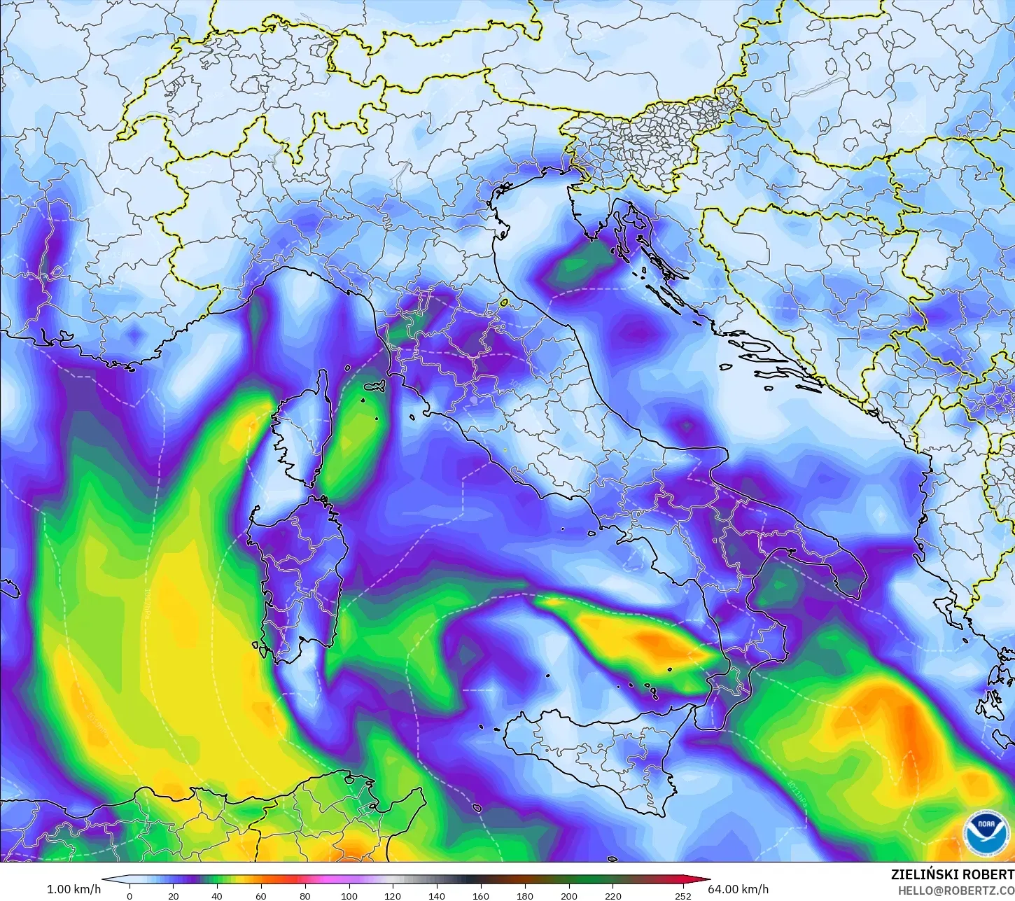GFS نموذج - إيطاليا, هبات الرياح