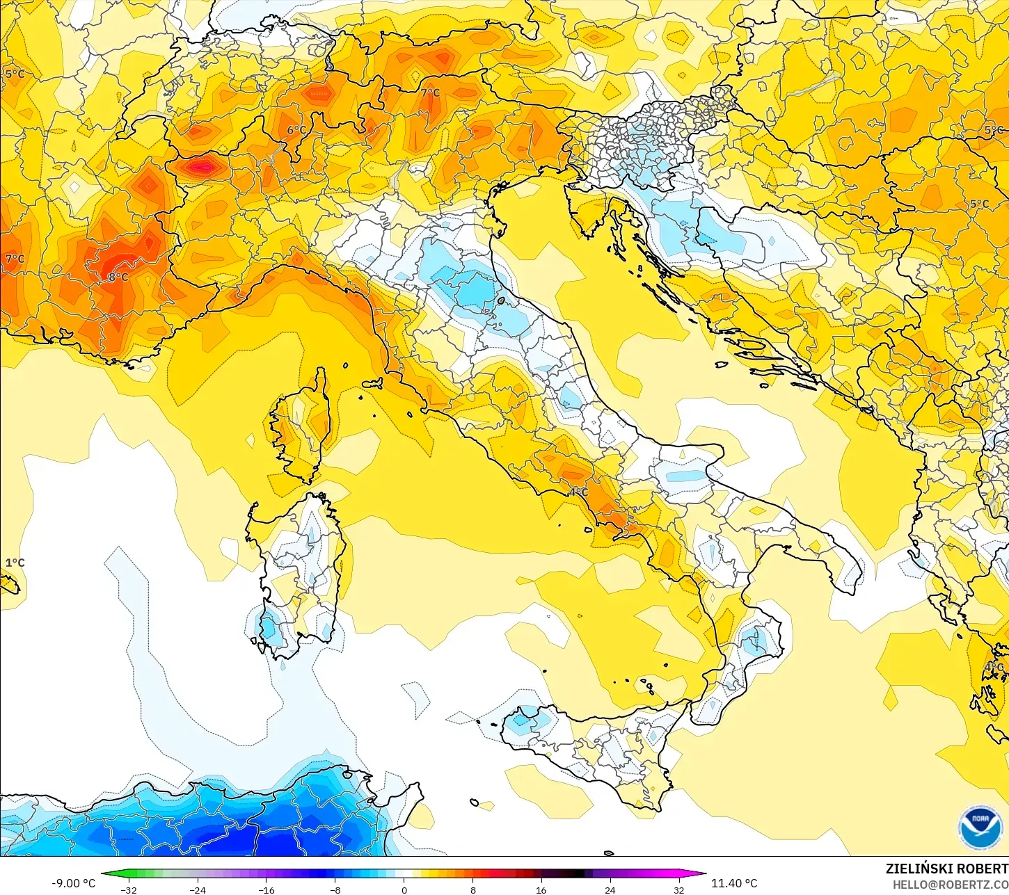 GFS نموذج - إيطاليا, انحراف درجة الحرارة 2 م