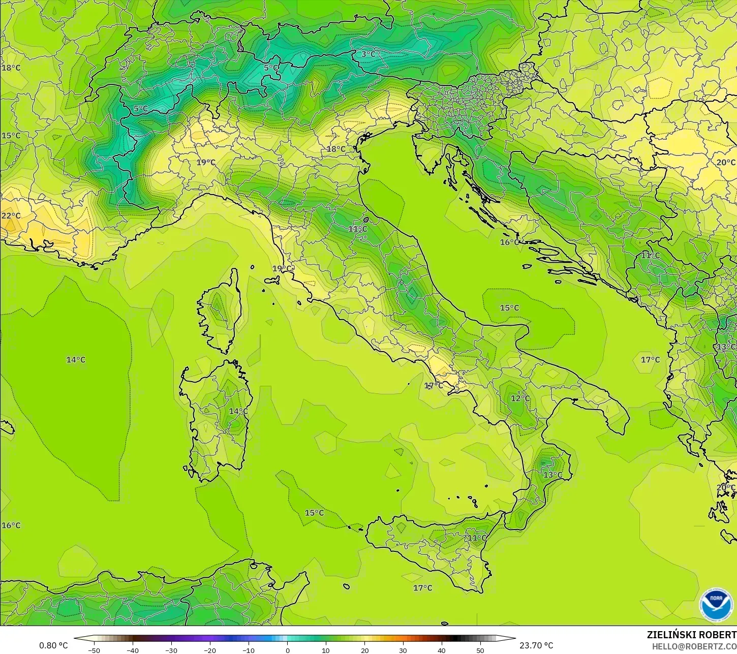 GFS نموذج - إيطاليا, درجة الحرارة على ارتفاع 2 م
