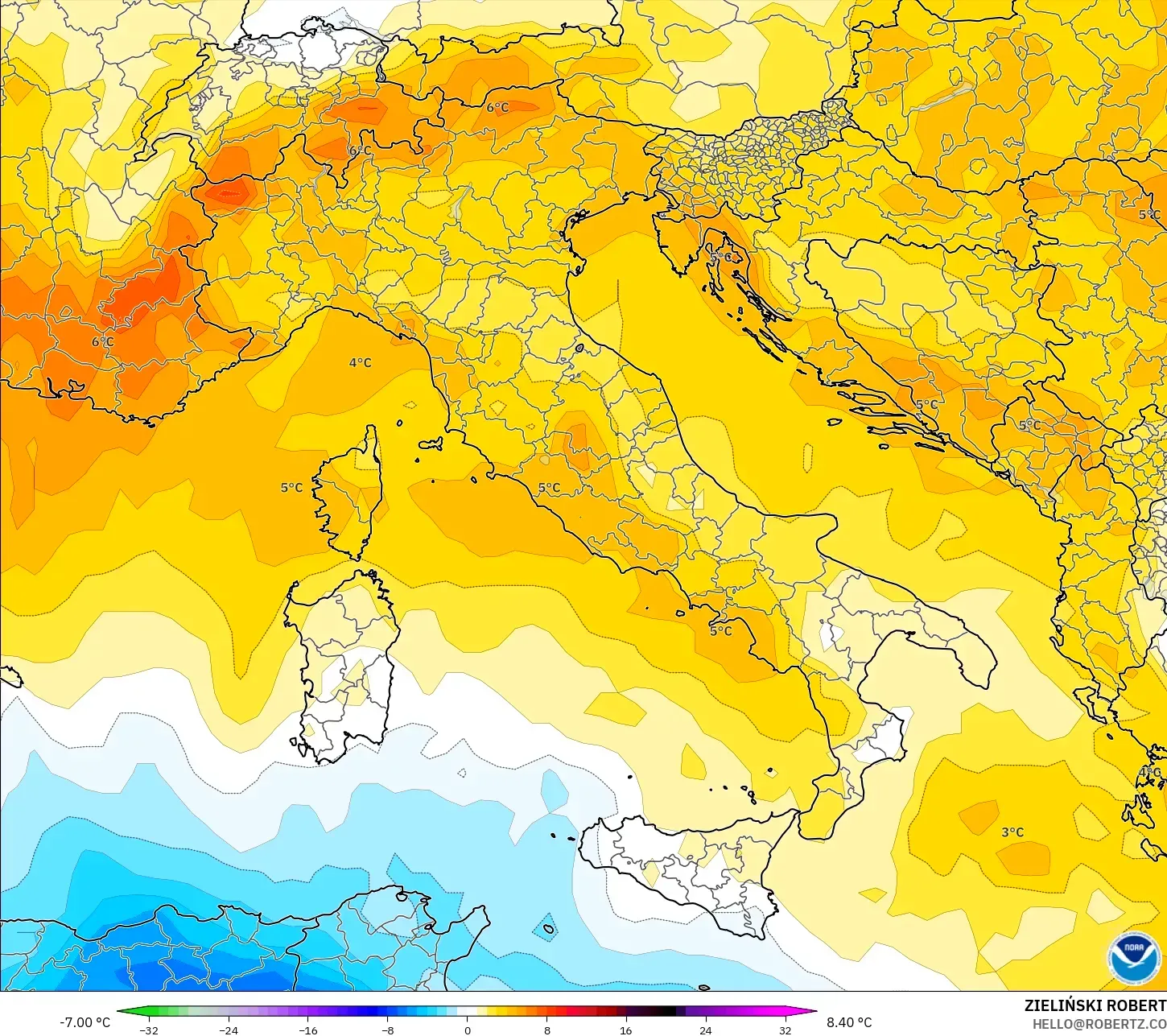 GFS نموذج - إيطاليا, انحراف درجة الحرارة 850 hPa