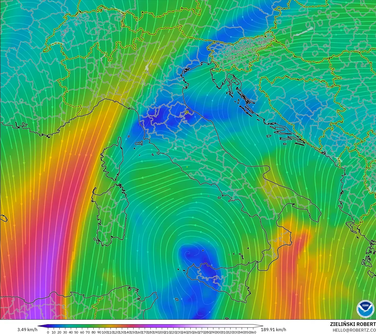 GFS نموذج - إيطاليا, رياح 300 hPa (تيار نفاث)