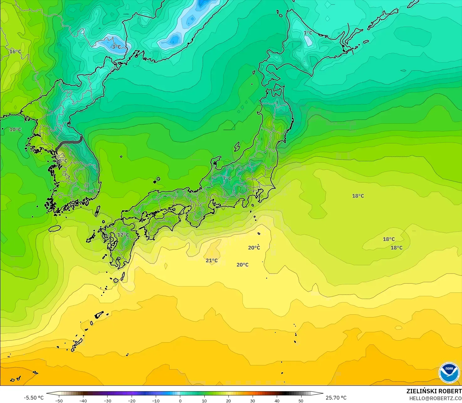 GFS نموذج - اليابان, درجة الحرارة على ارتفاع 2 م
