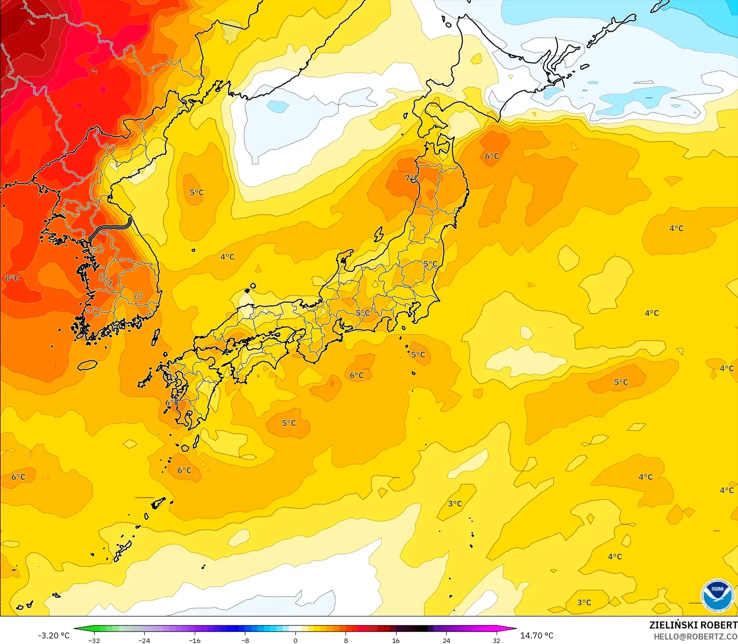 GFS نموذج - اليابان, انحراف درجة الحرارة 850 hPa