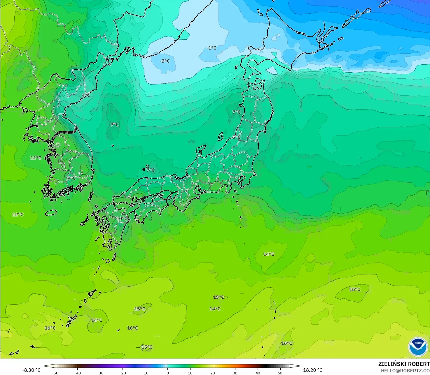 GFS نموذج - اليابان, درجة الحرارة 850 hPa