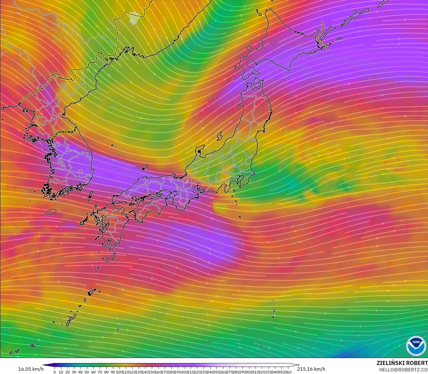 GFS نموذج - اليابان, رياح 300 hPa (تيار نفاث)