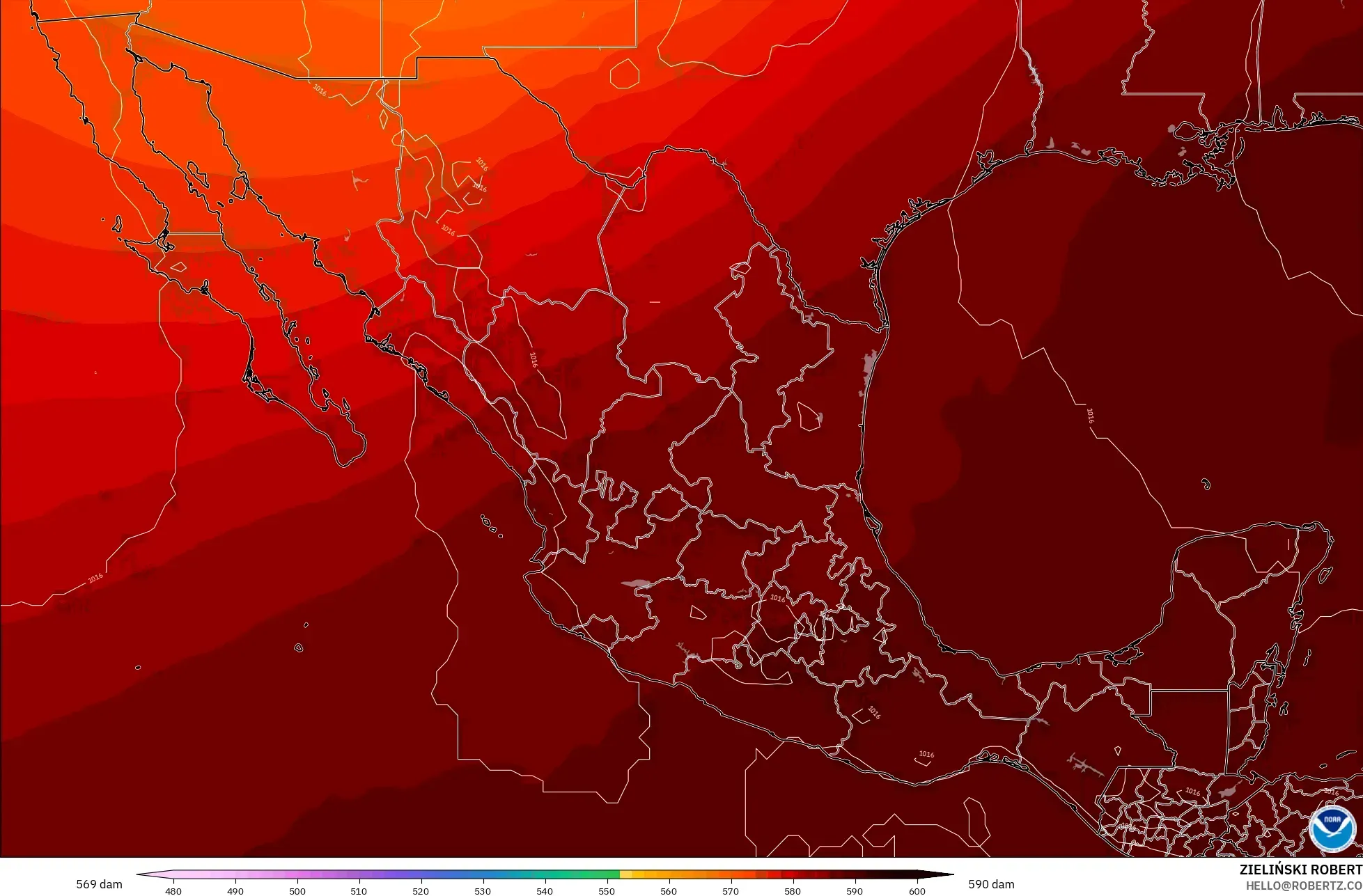 GFS نموذج - المكسيك, الارتفاع الجهدي عند 500 هكتوباسكال