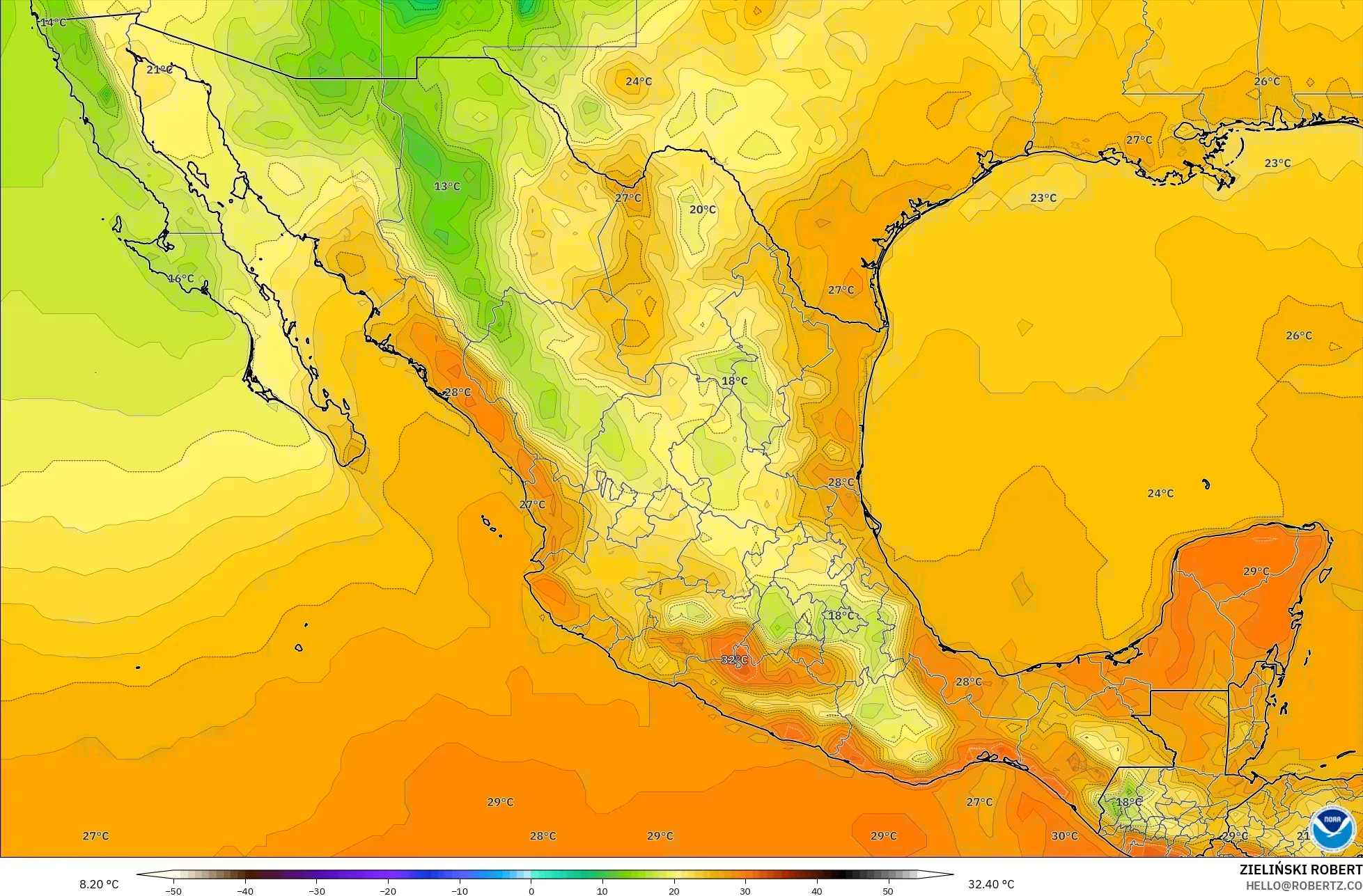 GFS نموذج - المكسيك, درجة الحرارة على ارتفاع 2 م