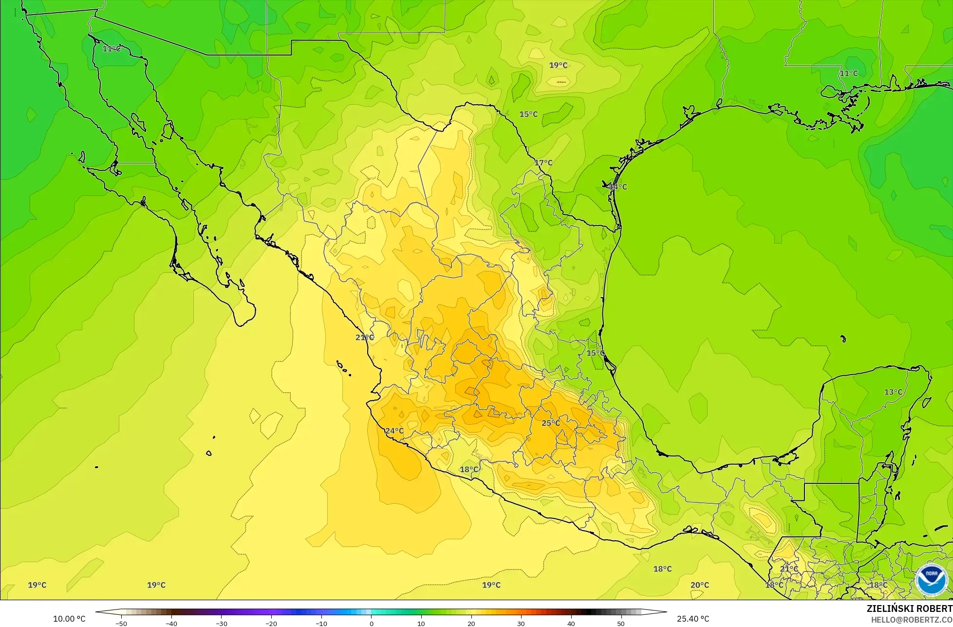 GFS نموذج - المكسيك, درجة الحرارة 850 hPa