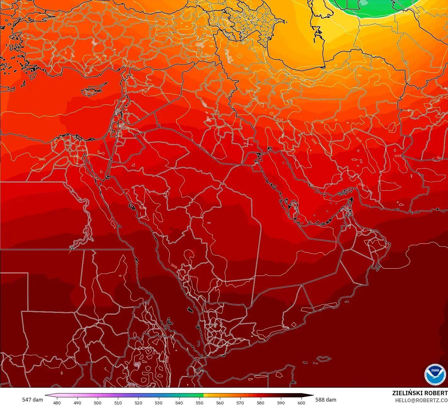 GFS model - Middle East, Geopotential height at 500hPa