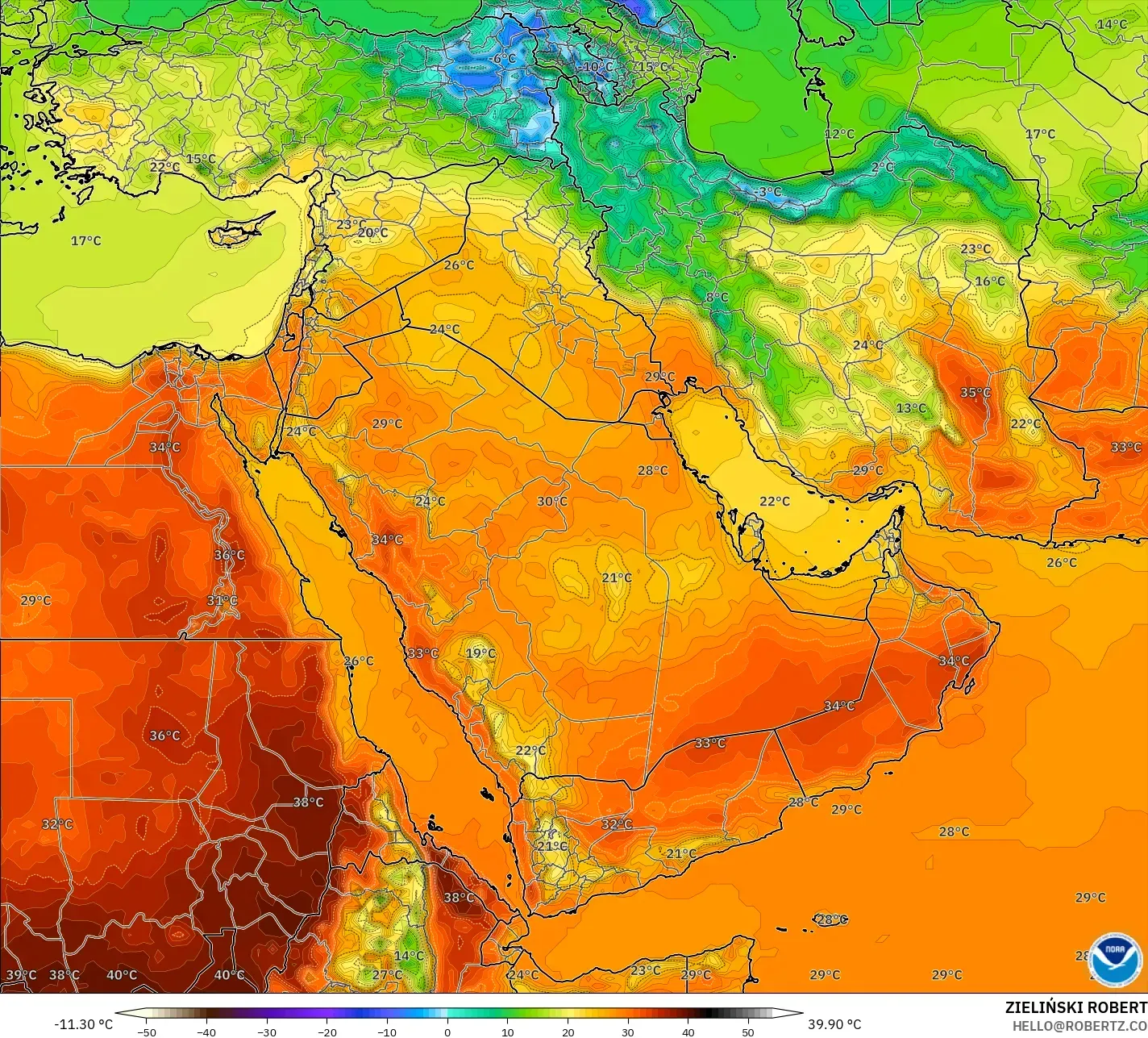 GFS نموذج - الشرق الأوسط, درجة الحرارة على ارتفاع 2 م