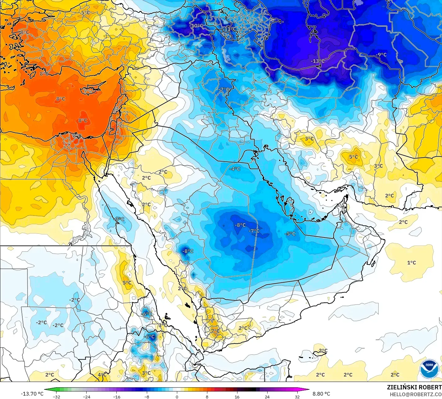 GFS نموذج - الشرق الأوسط, انحراف درجة الحرارة 850 hPa