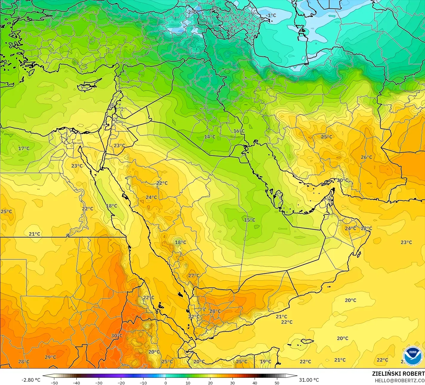 GFS نموذج - الشرق الأوسط, درجة الحرارة 850 hPa