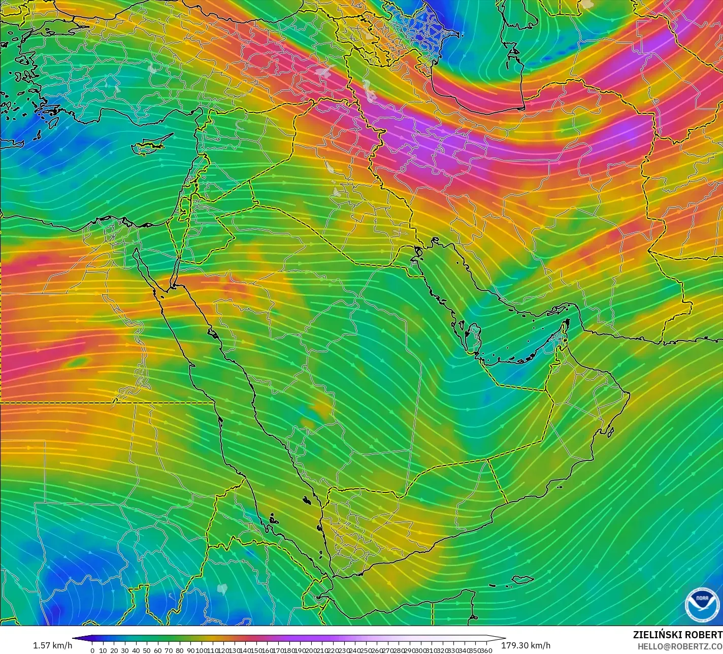 GFS نموذج - الشرق الأوسط, رياح 300 hPa (تيار نفاث)