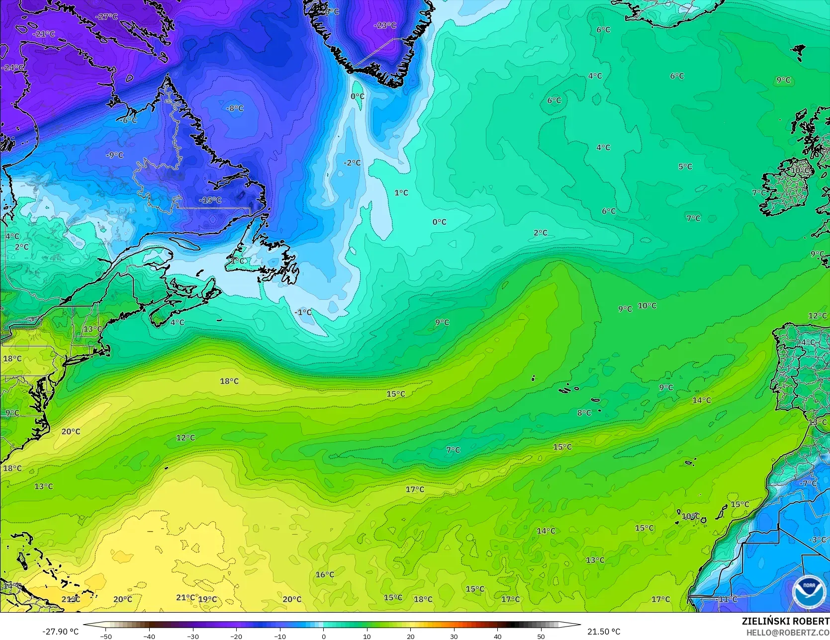 GFS نموذج - شمال الأطلسي, نقطة الندى 2 م