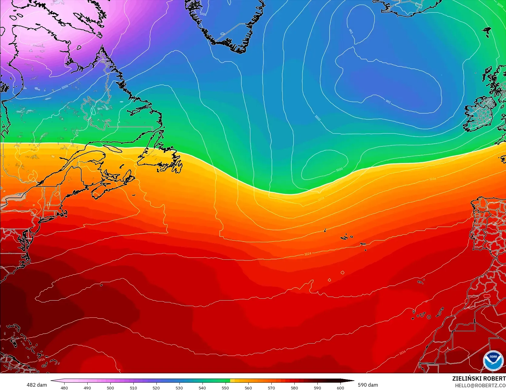 GFS model - North Atlantic, Geopotential height at 500hPa