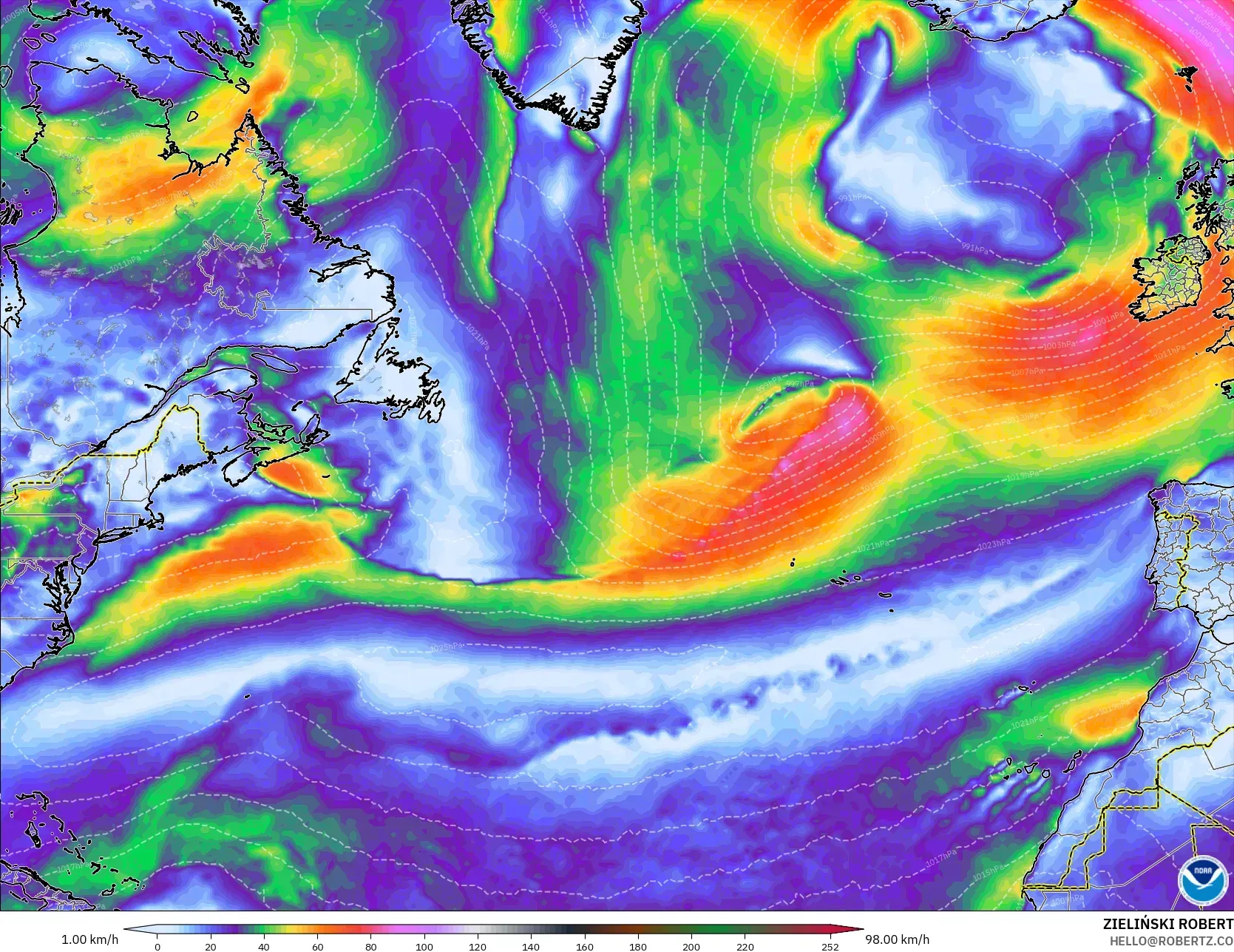 GFS نموذج - شمال الأطلسي, هبات الرياح
