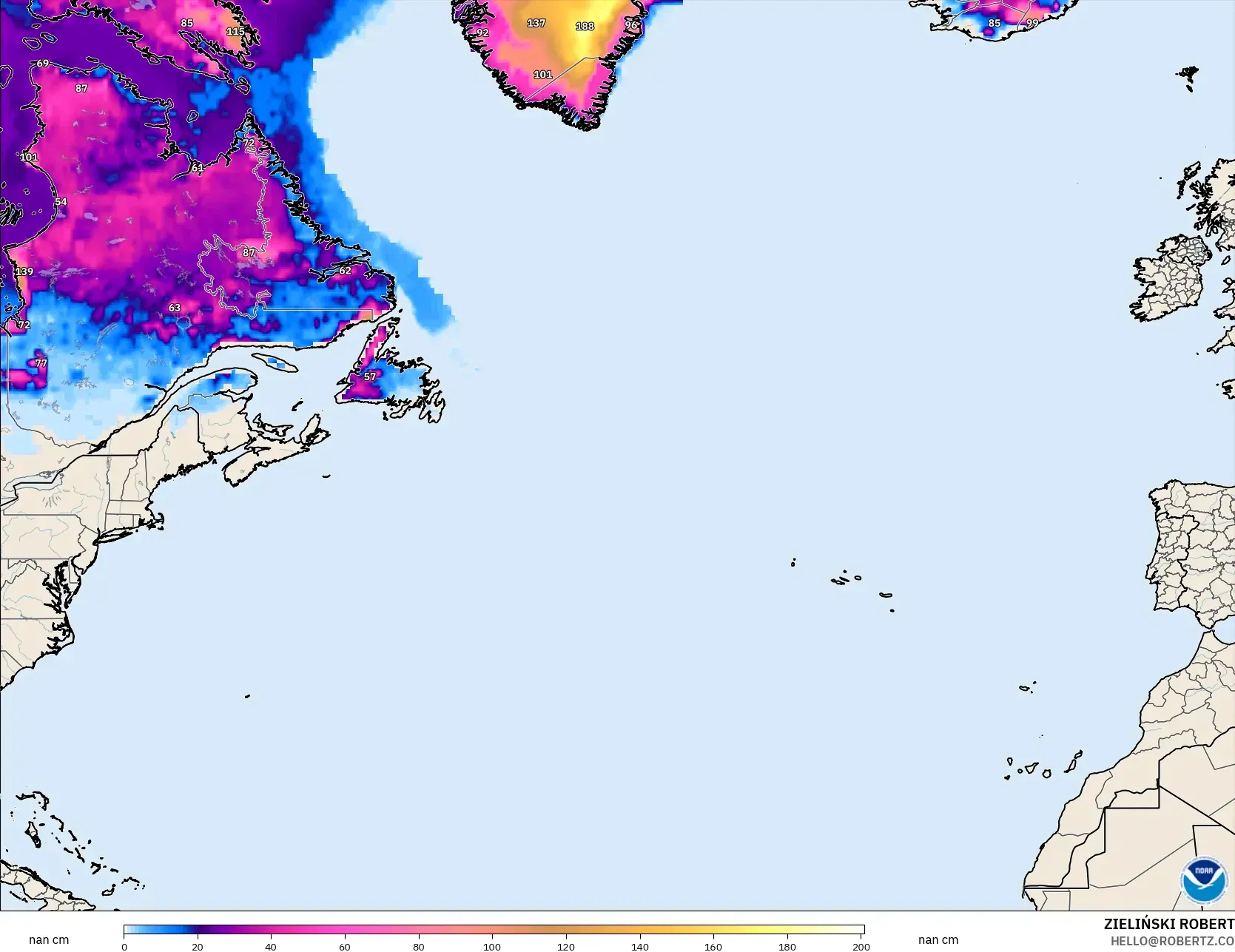 GFS نموذج - شمال الأطلسي, عمق الثلج