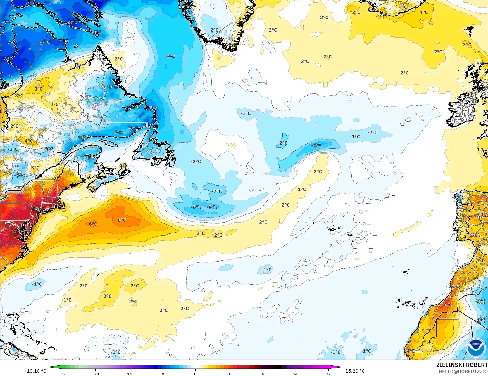 GFS نموذج - شمال الأطلسي, انحراف درجة الحرارة 2 م