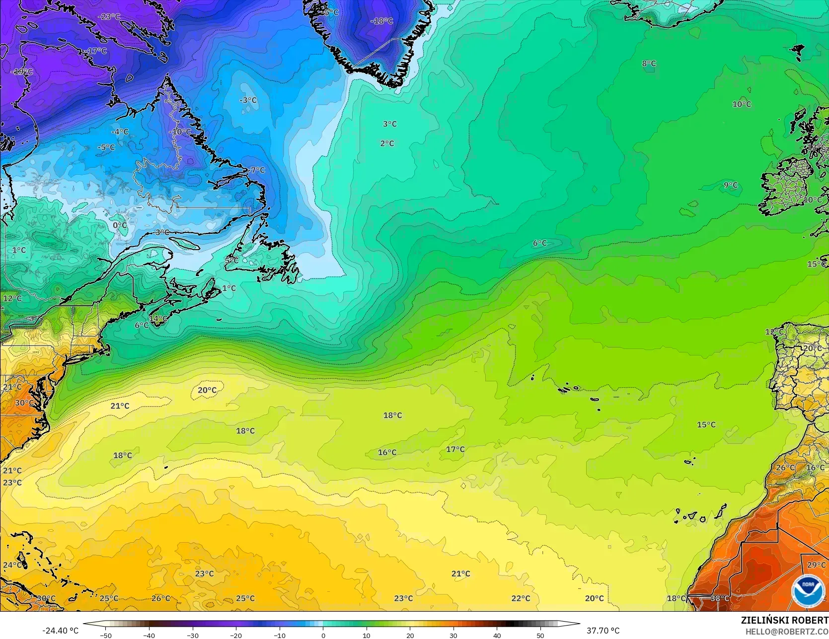 GFS نموذج - شمال الأطلسي, درجة الحرارة على ارتفاع 2 م