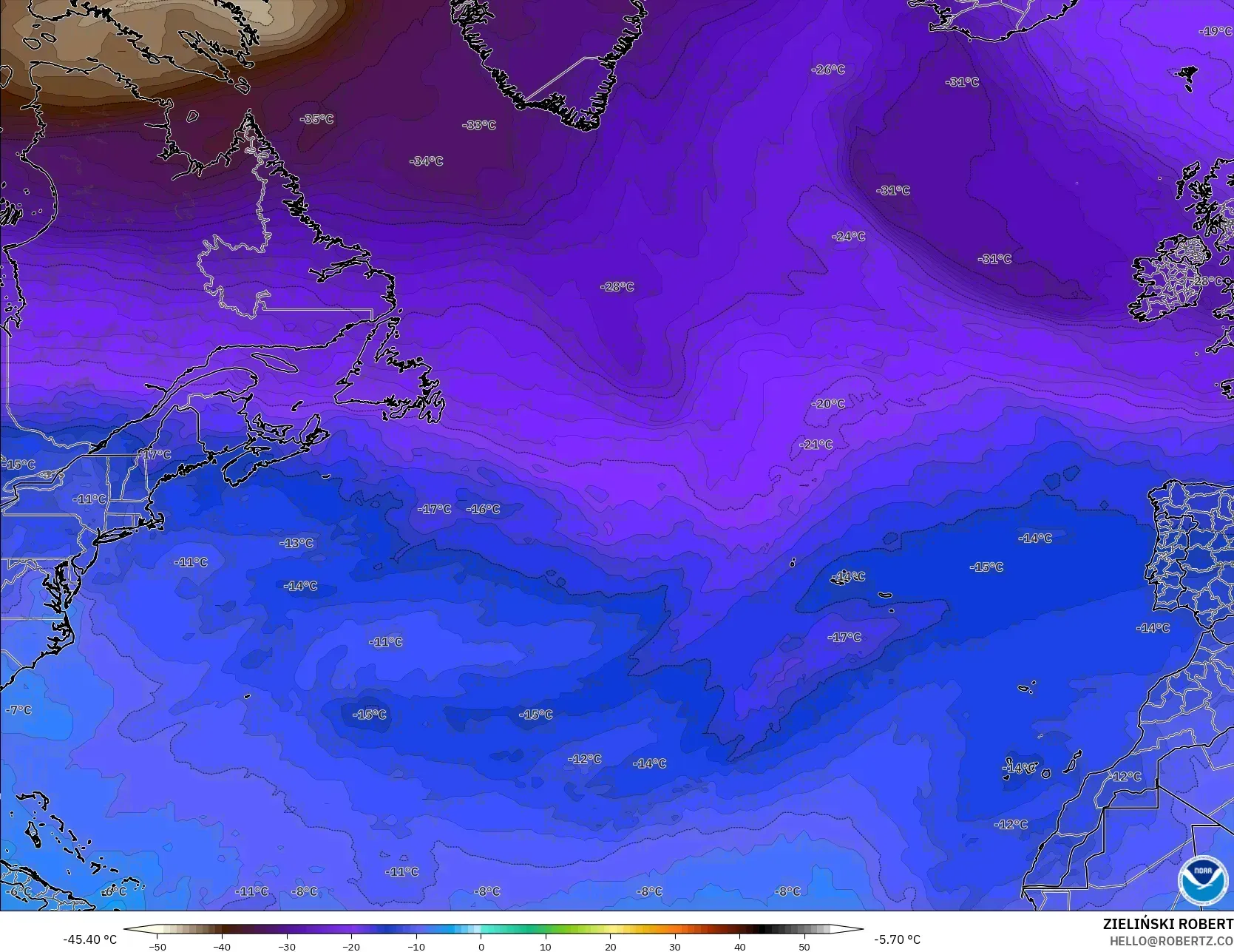 GFS نموذج - شمال الأطلسي, درجة الحرارة 500 hPa