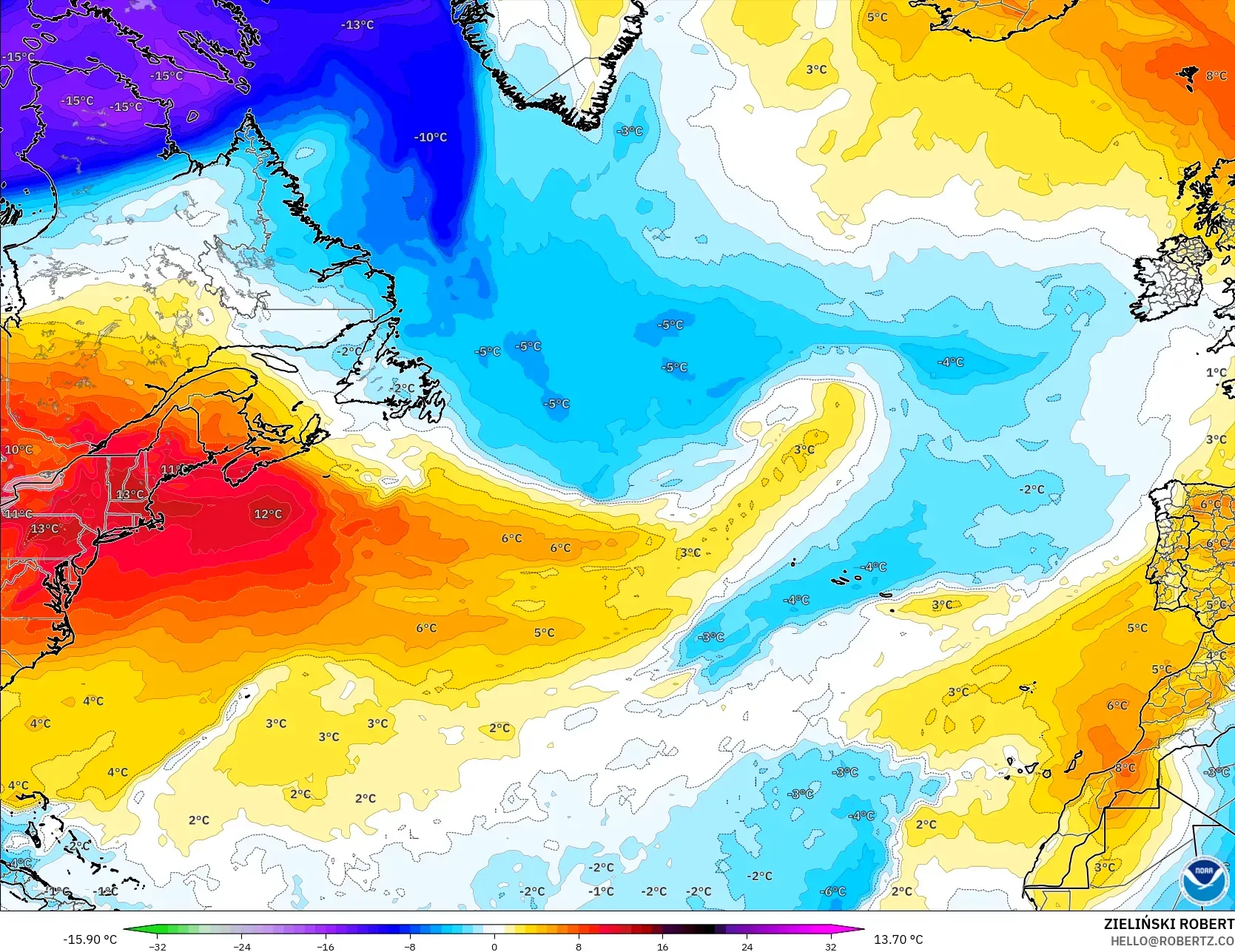 GFS نموذج - شمال الأطلسي, انحراف درجة الحرارة 850 hPa