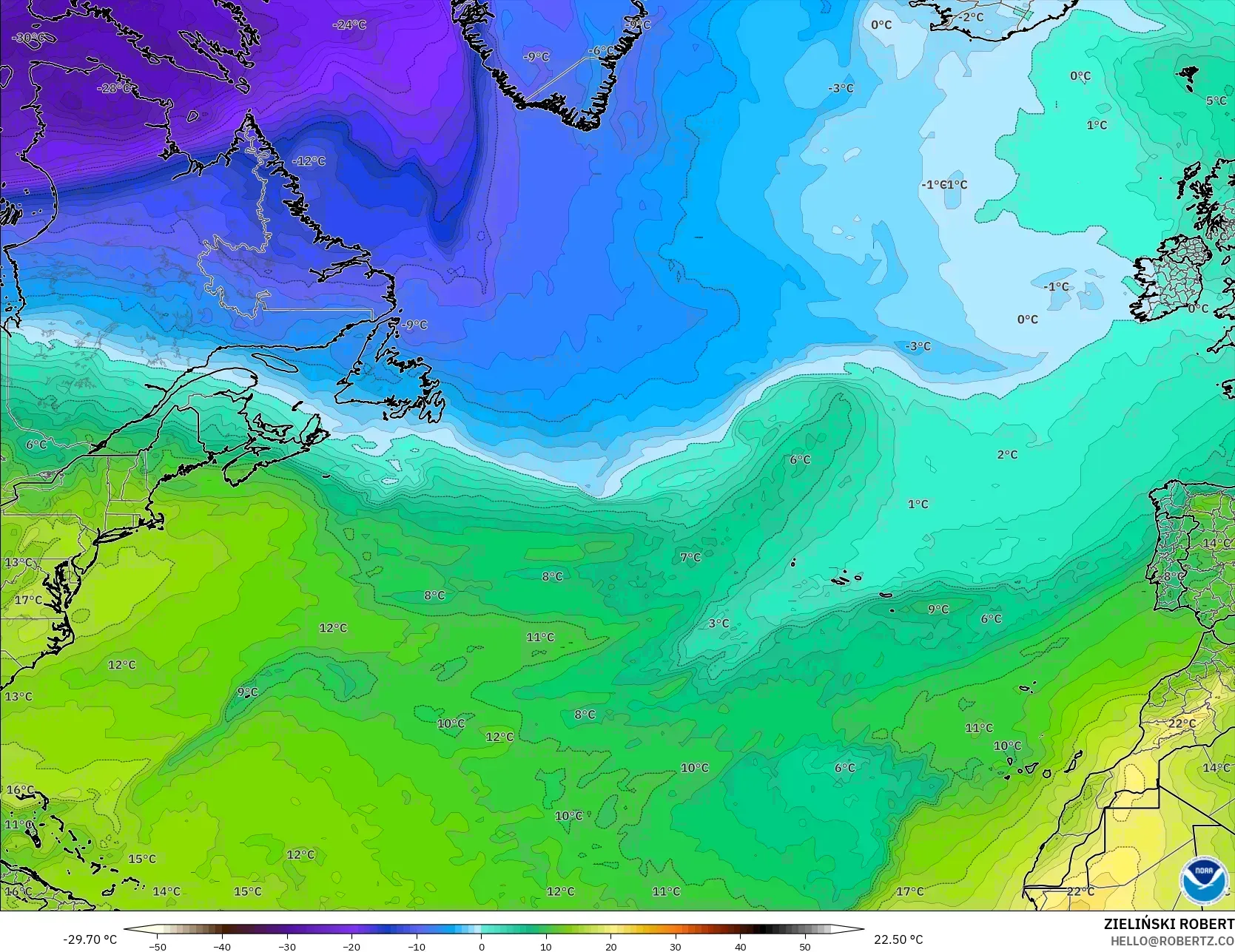 GFS نموذج - شمال الأطلسي, درجة الحرارة 850 hPa