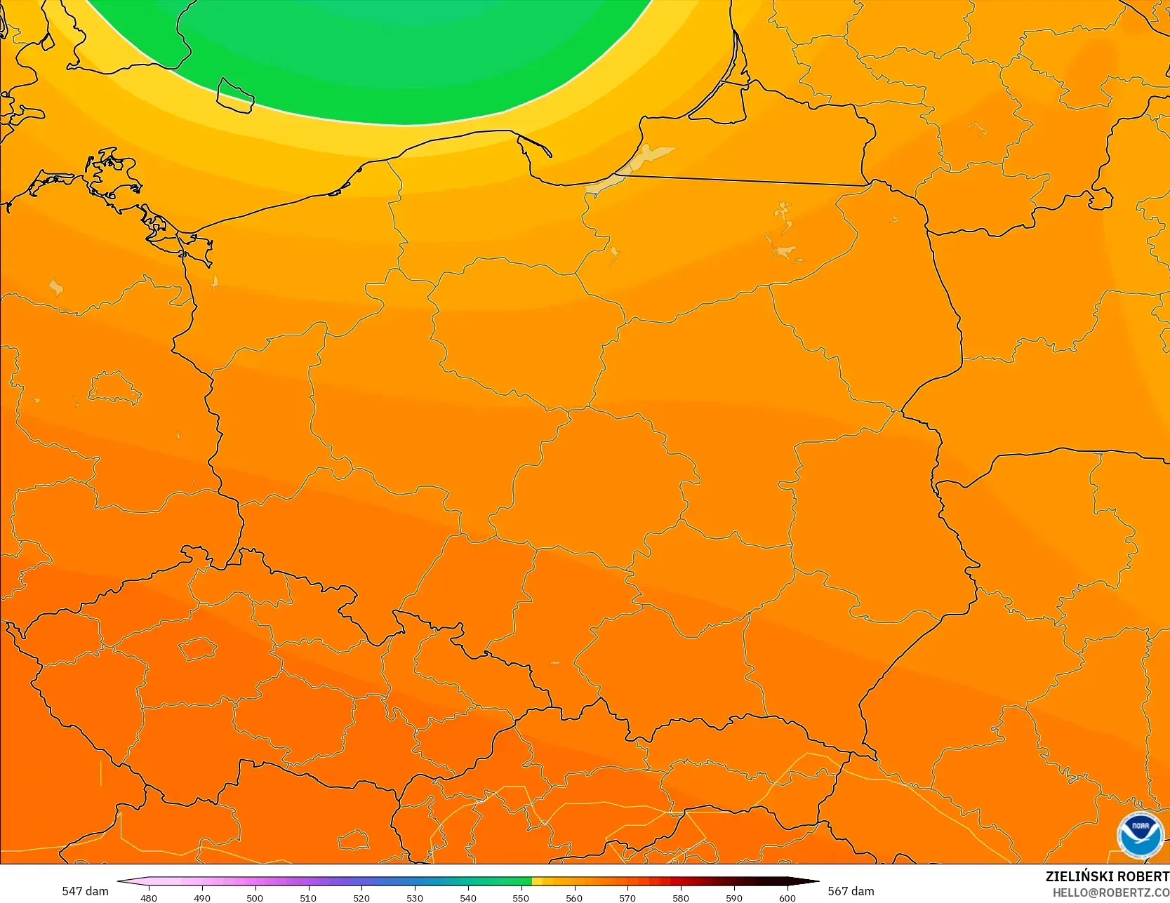 GFS model - Poland, Geopotential height at 500hPa