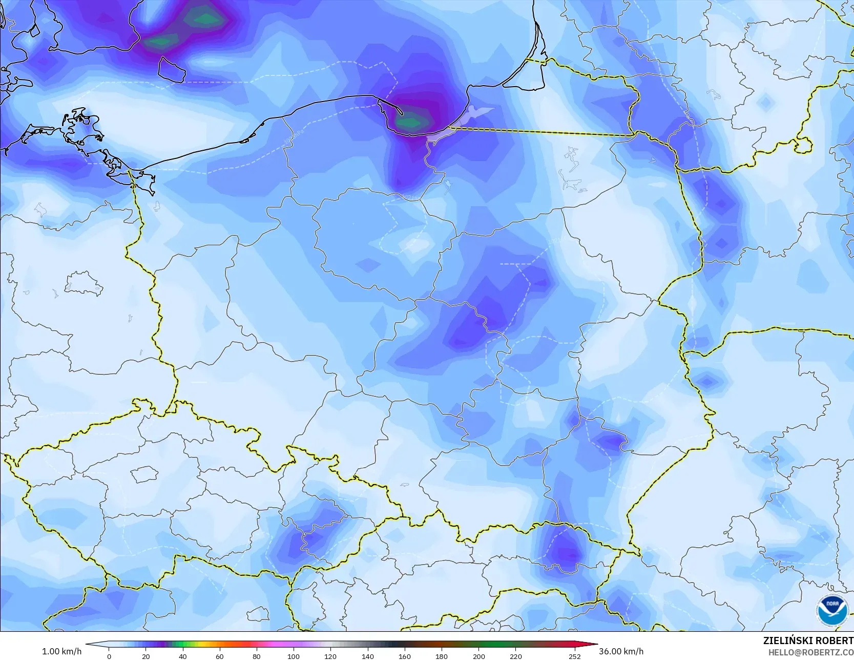 GFS نموذج - بولندا, هبات الرياح