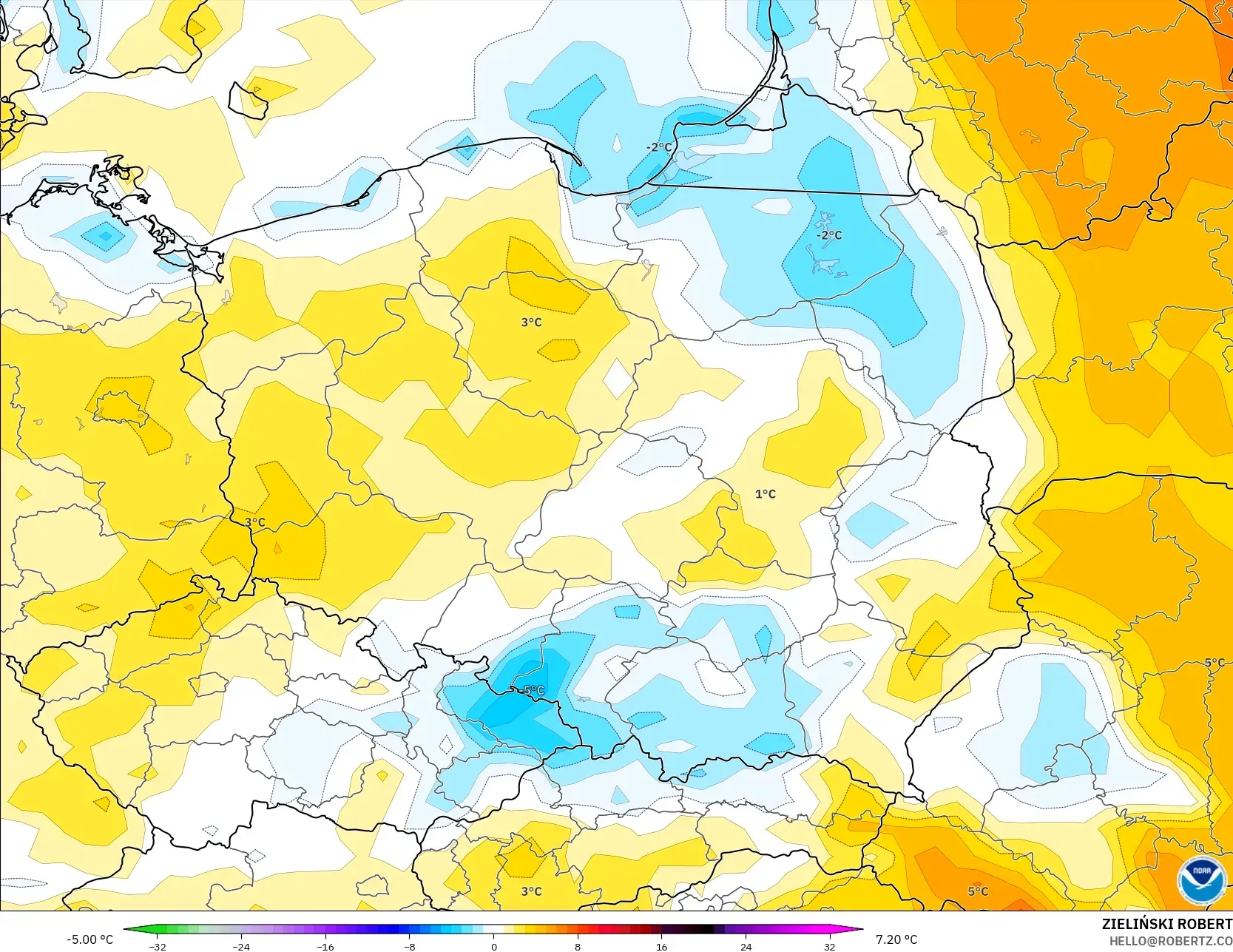 GFS نموذج - بولندا, انحراف درجة الحرارة 2 م