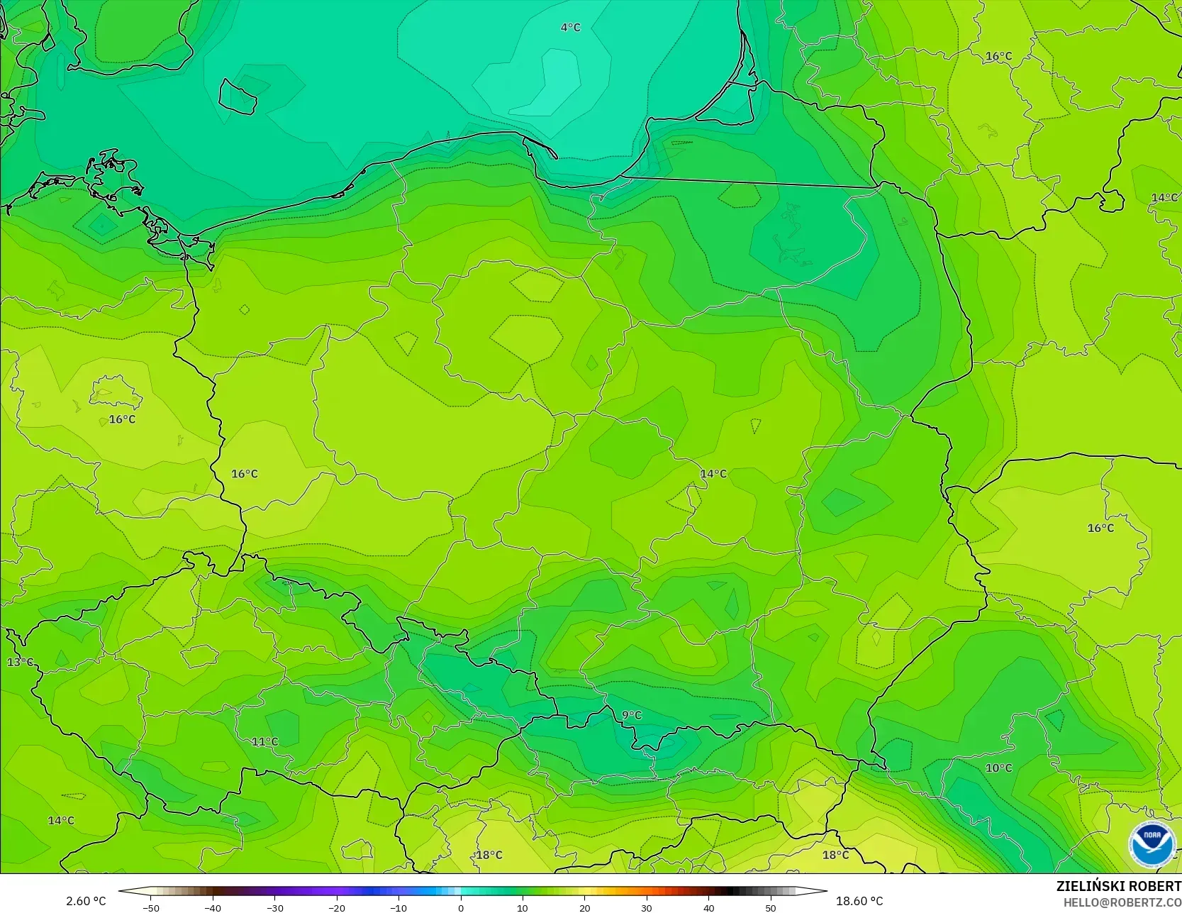 GFS نموذج - بولندا, درجة الحرارة على ارتفاع 2 م