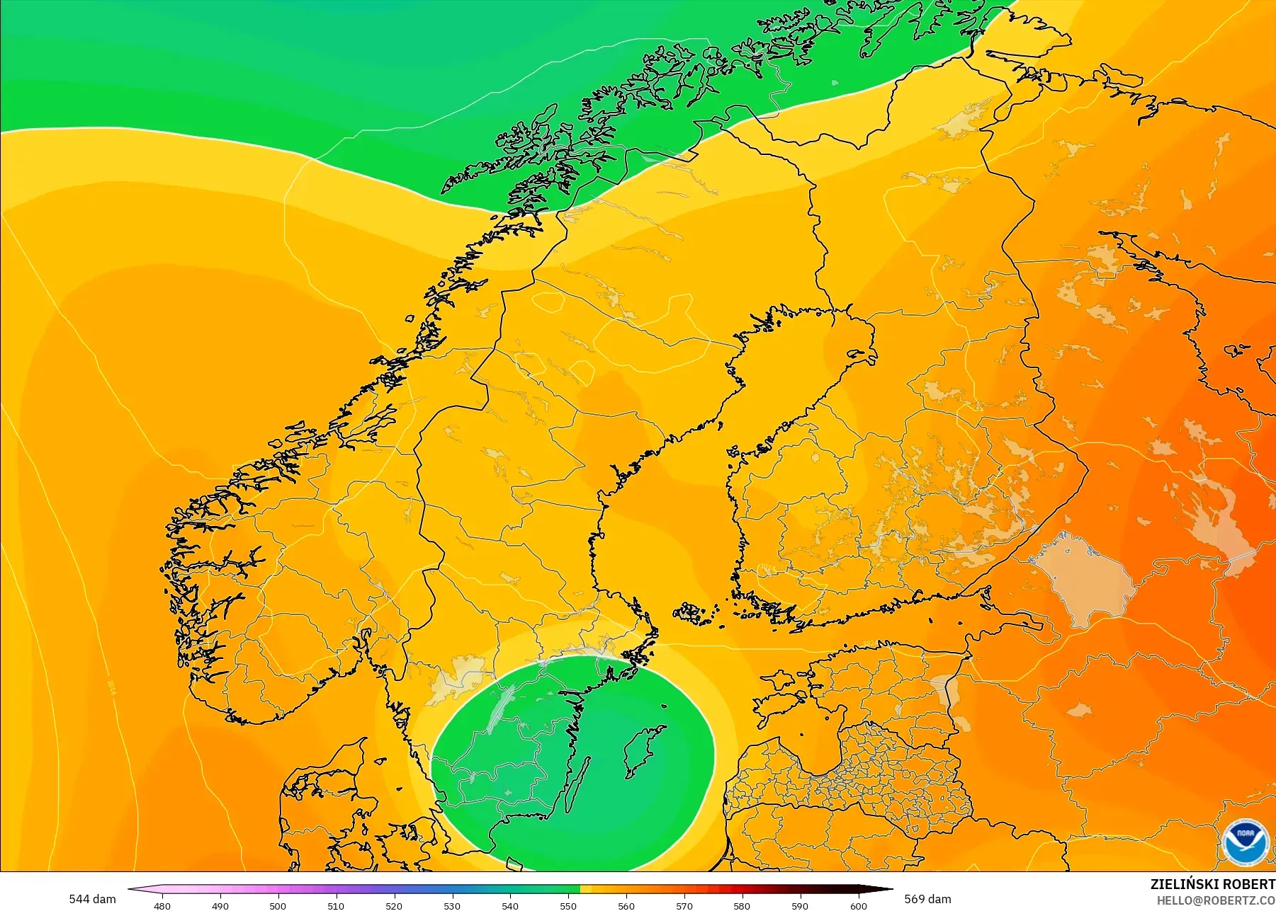 GFS model - Scandinavia, Geopotential height at 500hPa