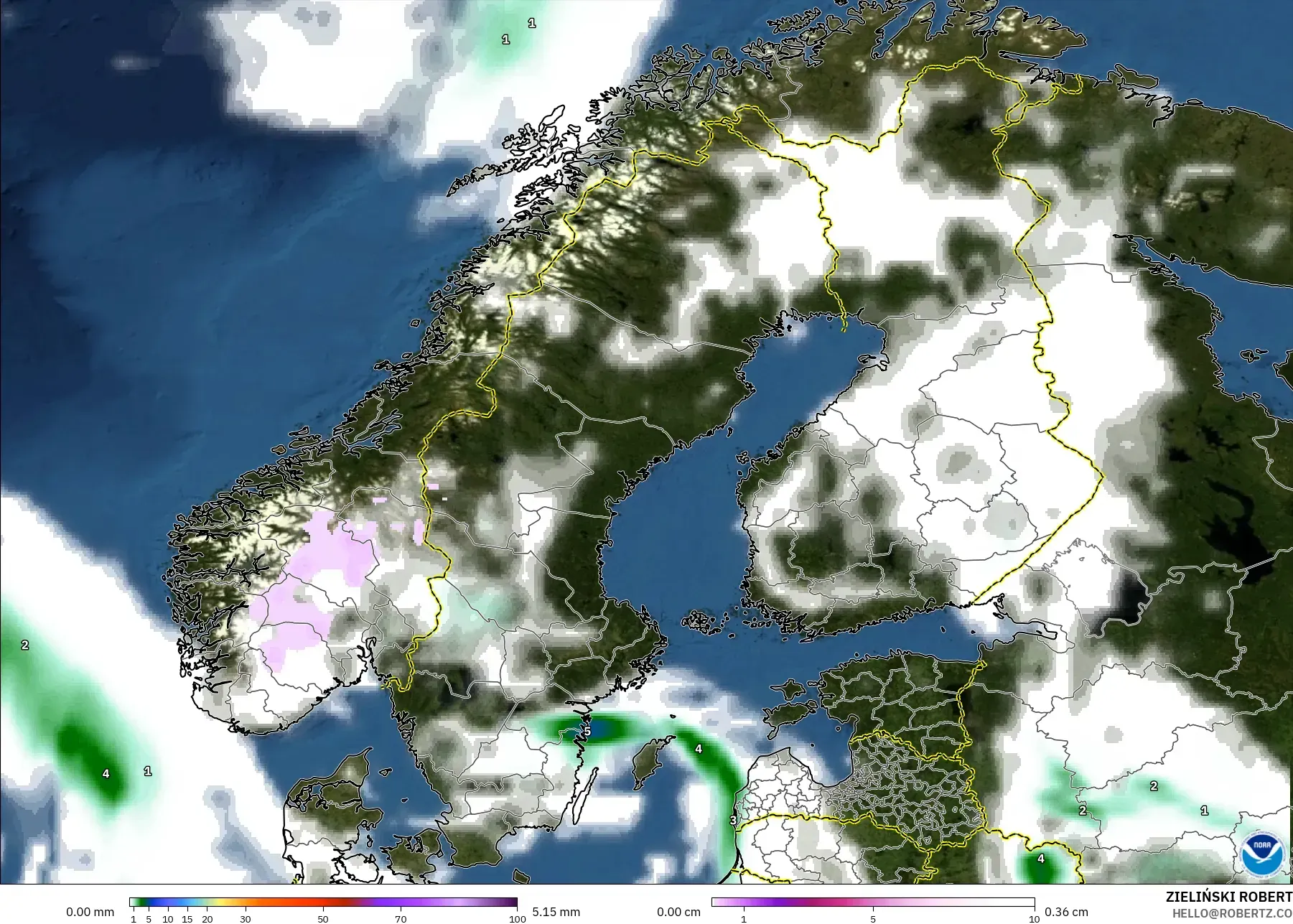 GFS نموذج - إسكندنافيا, الهطول والغيوم والضغط