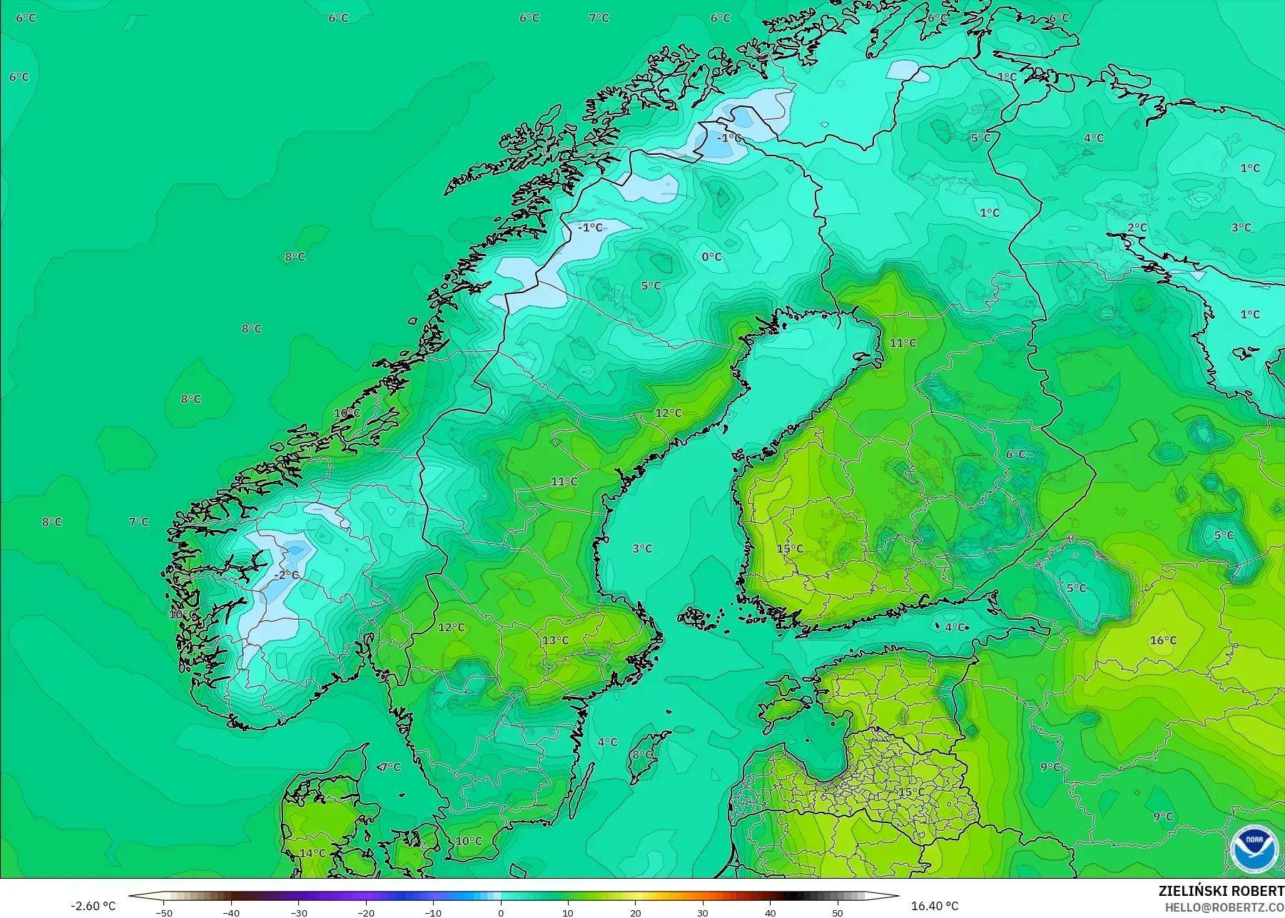 GFS نموذج - إسكندنافيا, درجة الحرارة على ارتفاع 2 م