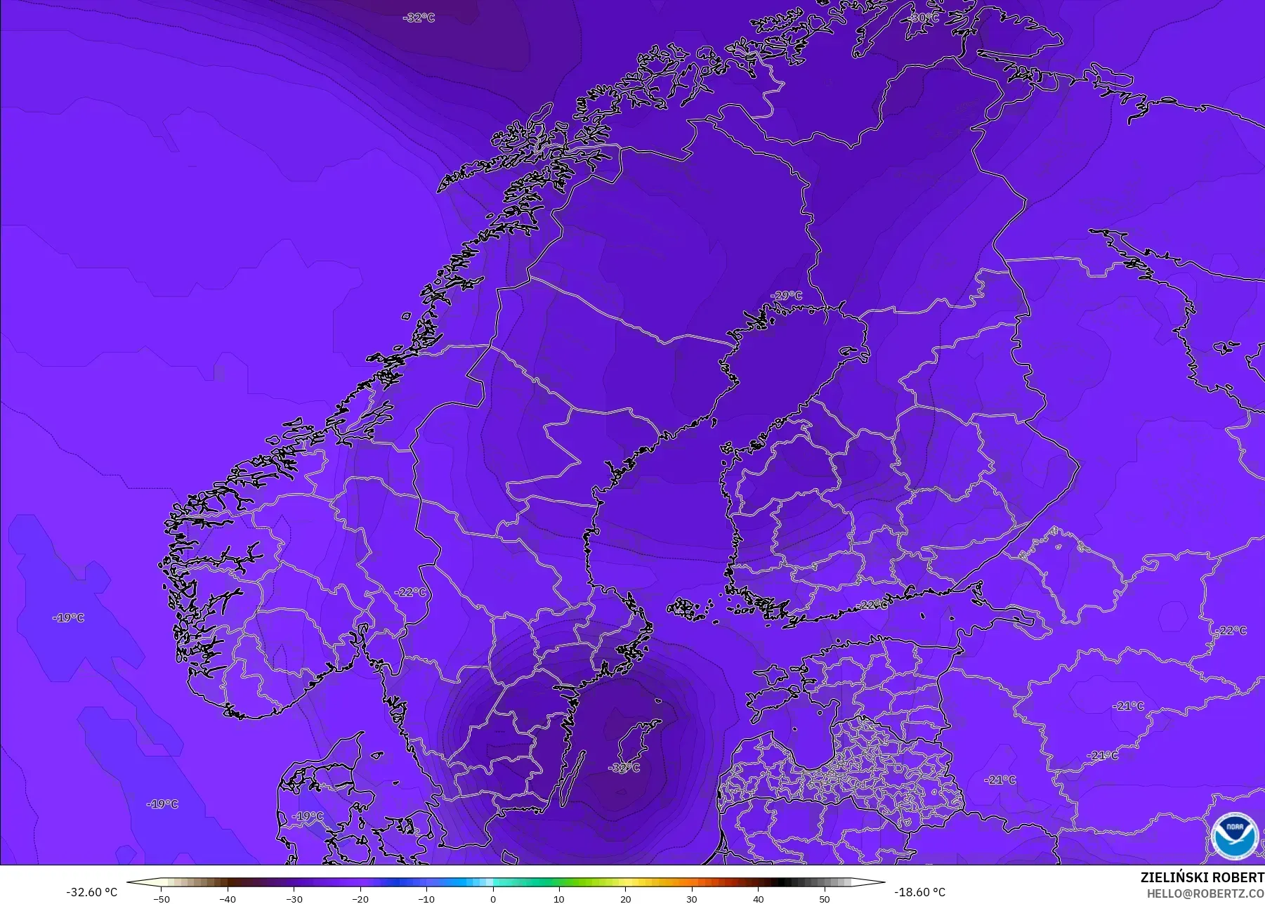 GFS نموذج - إسكندنافيا, درجة الحرارة 500 hPa