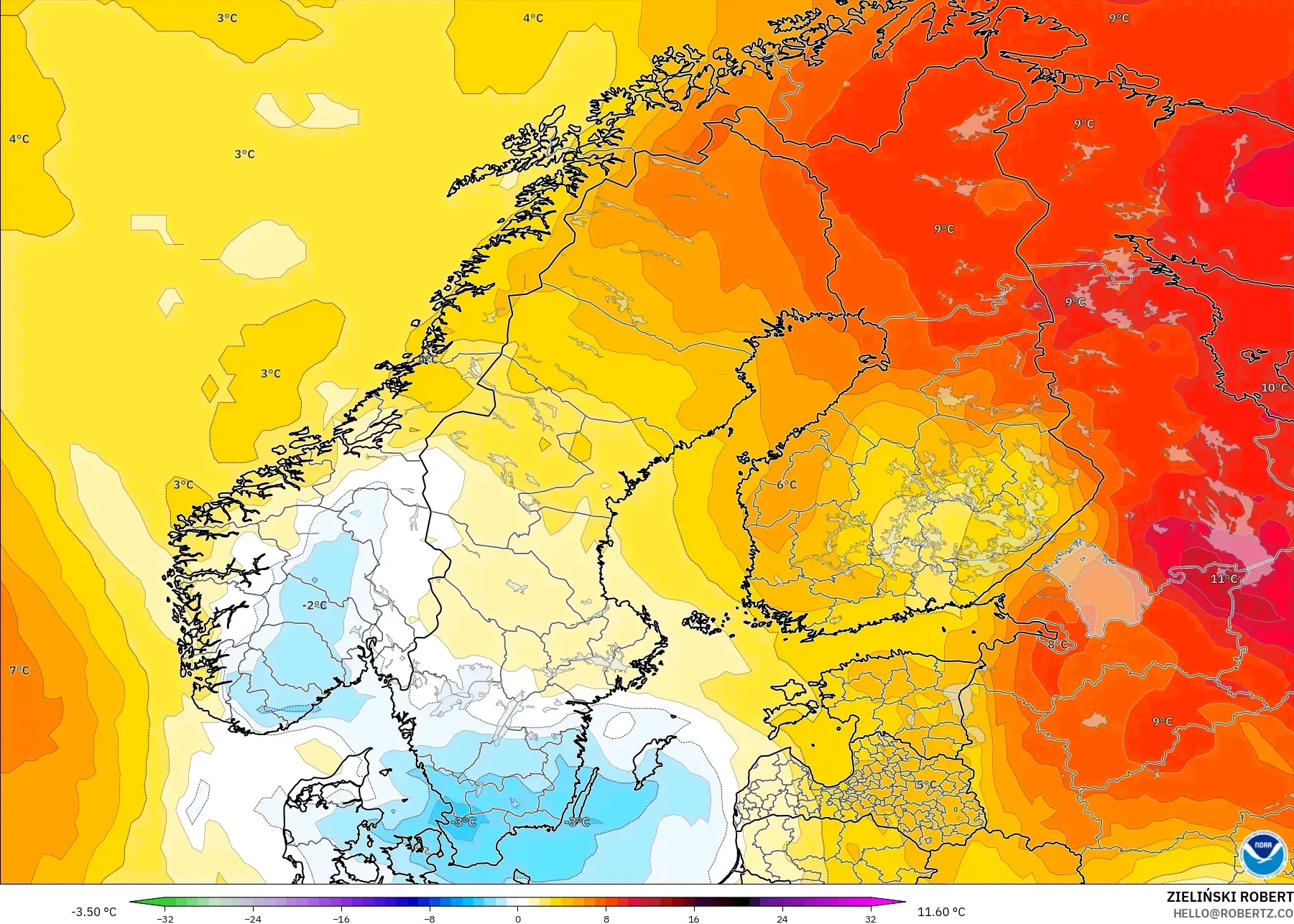 GFS نموذج - إسكندنافيا, انحراف درجة الحرارة 850 hPa