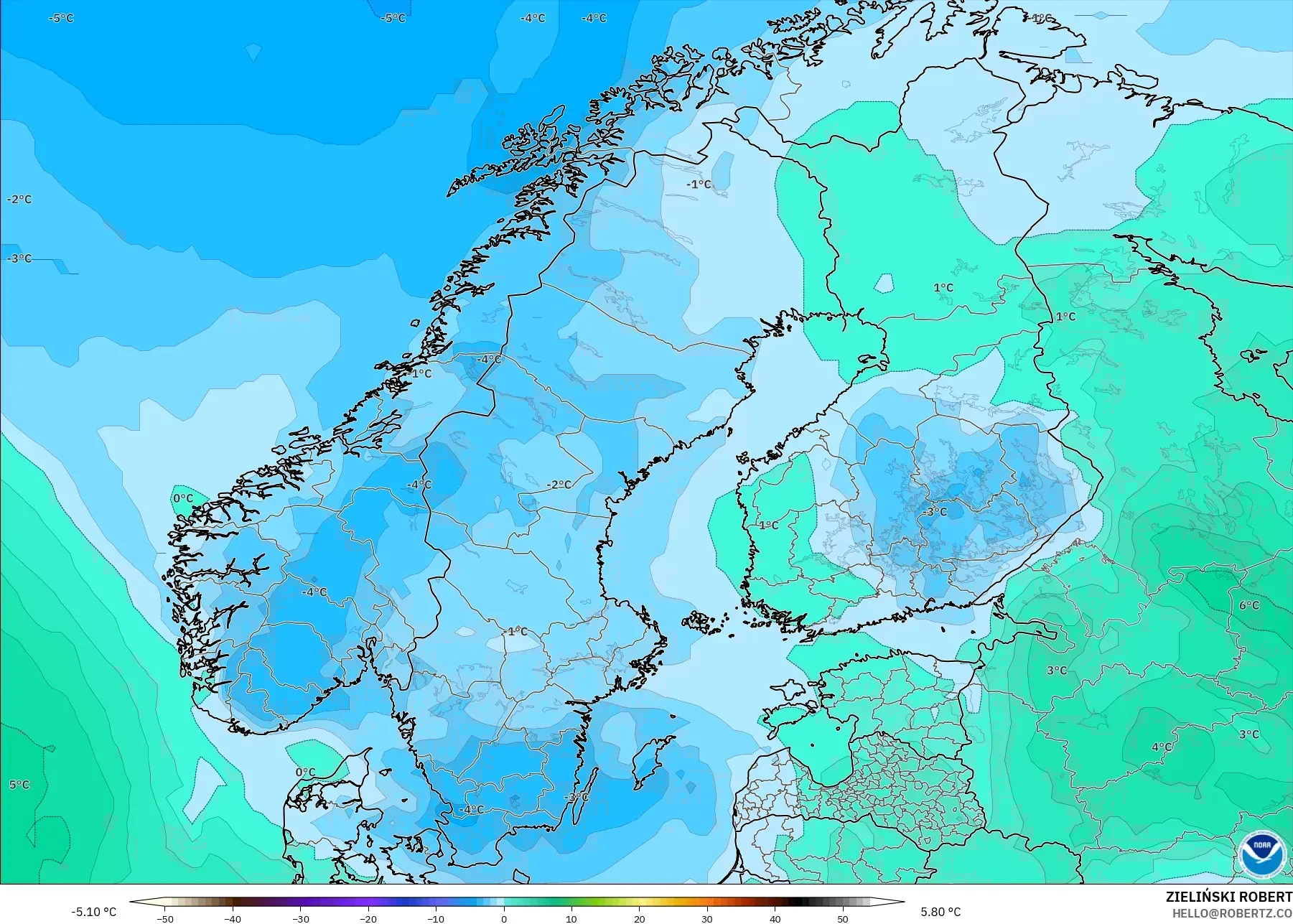 GFS نموذج - إسكندنافيا, درجة الحرارة 850 hPa