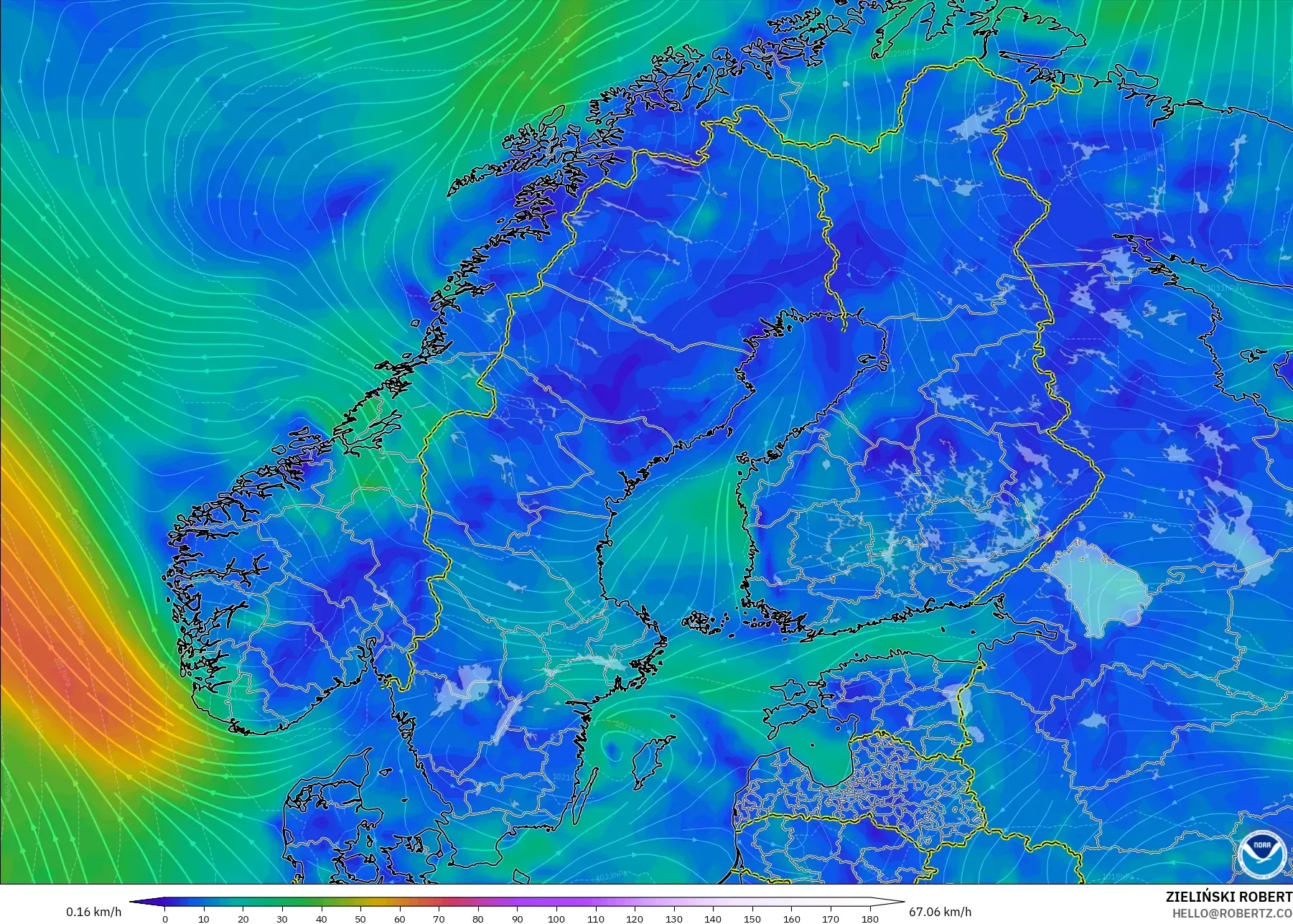GFS نموذج - إسكندنافيا, رياح 10 م