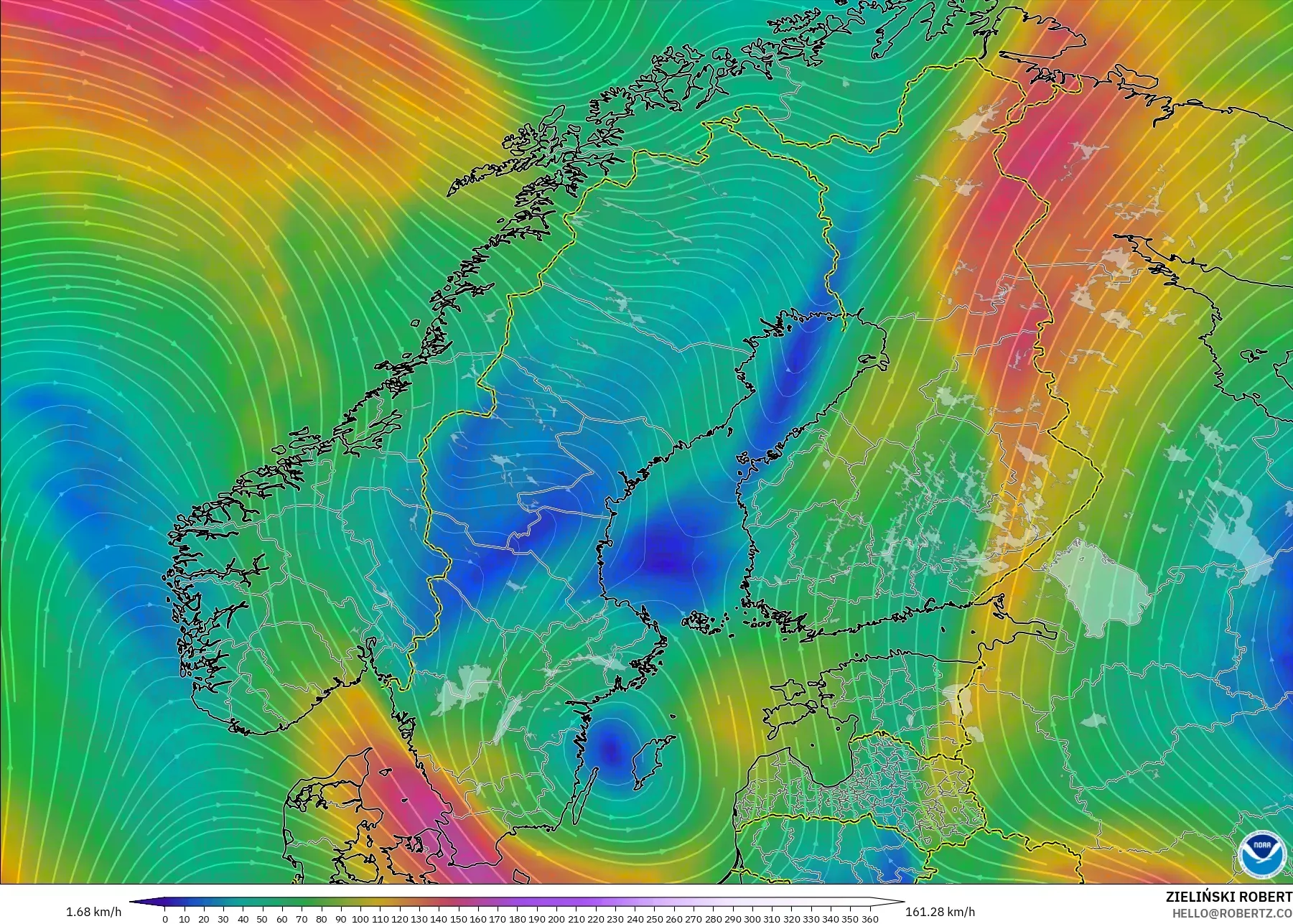 GFS نموذج - إسكندنافيا, رياح 300 hPa (تيار نفاث)