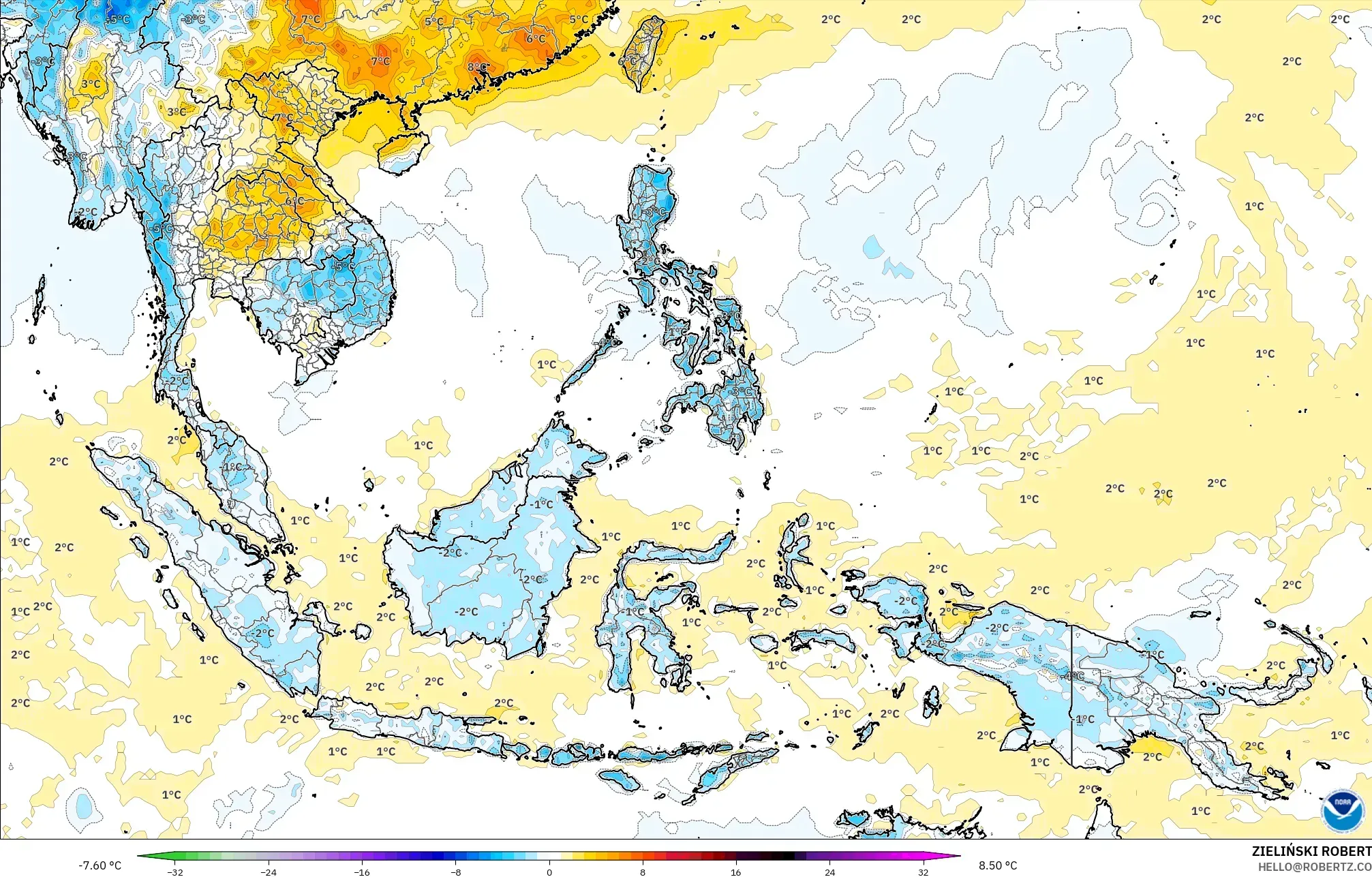 GFS نموذج - جنوب شرق آسيا, انحراف درجة الحرارة 2 م