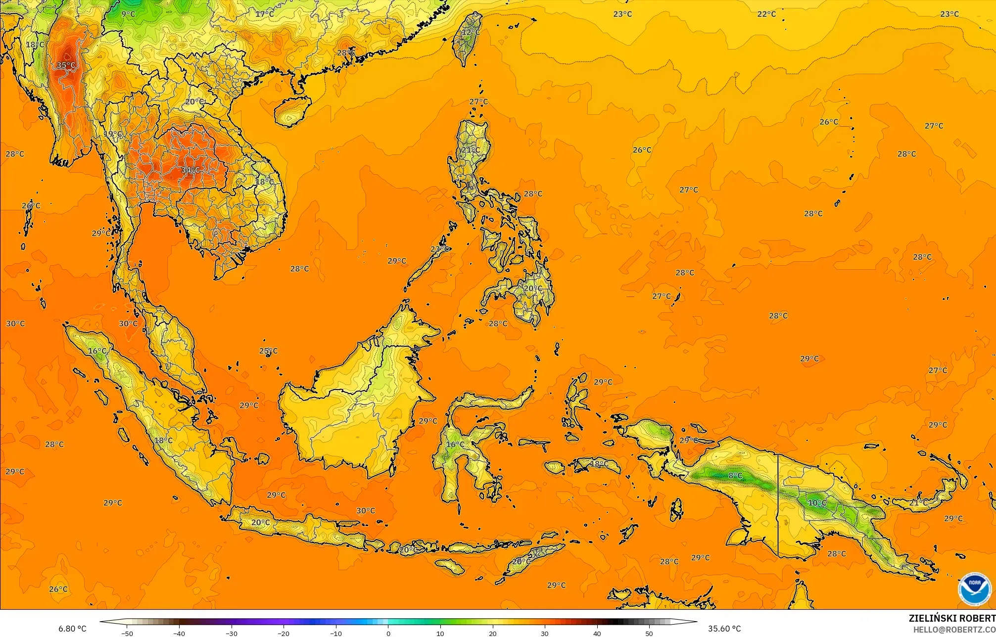 GFS نموذج - جنوب شرق آسيا, درجة الحرارة على ارتفاع 2 م
